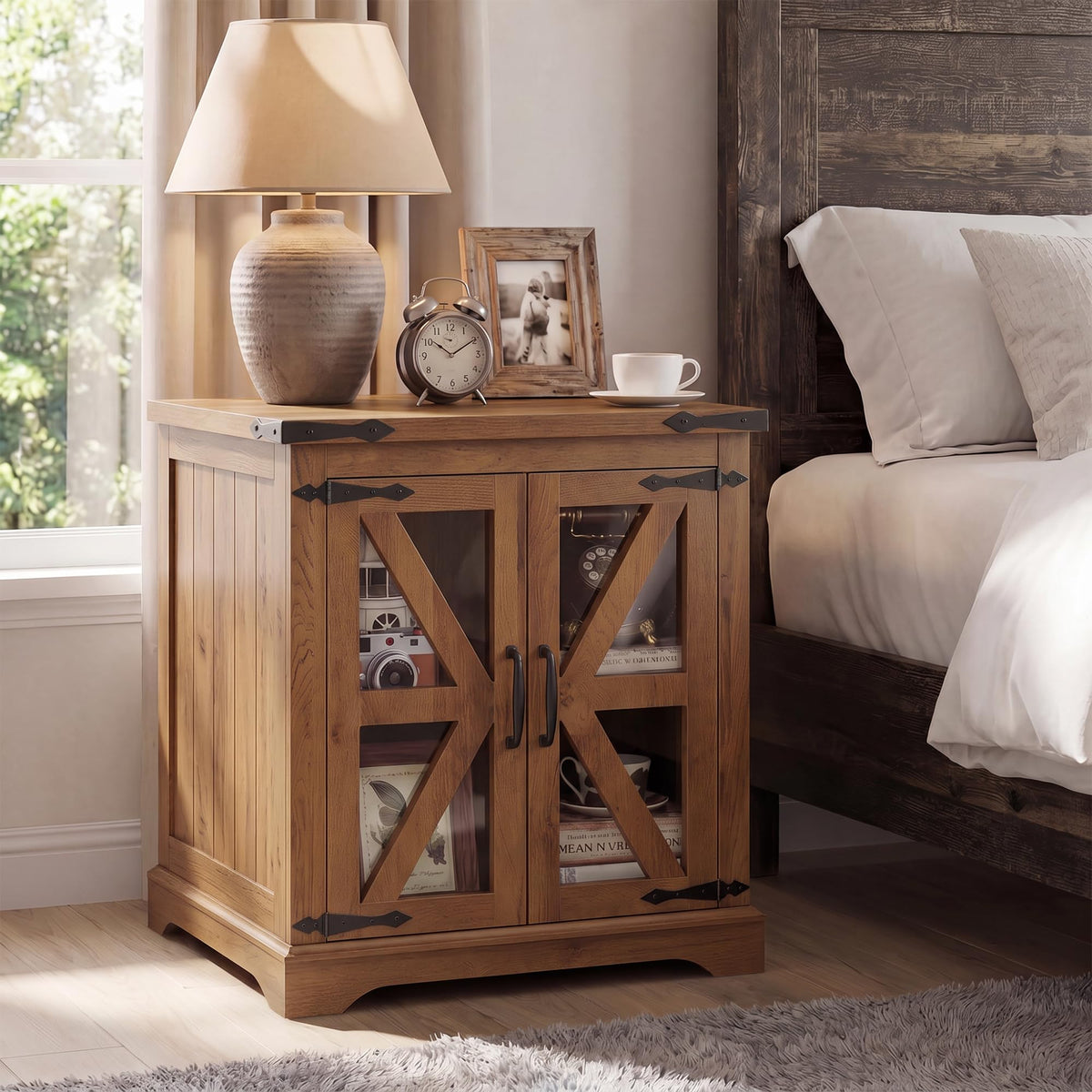 BEROXII Farmhouse End Table, 24" Large End Tables with Storage, Rustic Square Sofa Beside Table with Glass Barn Door, Wood Side Table Square Nightstand for Living Room, Bedroom, Office (Brown)