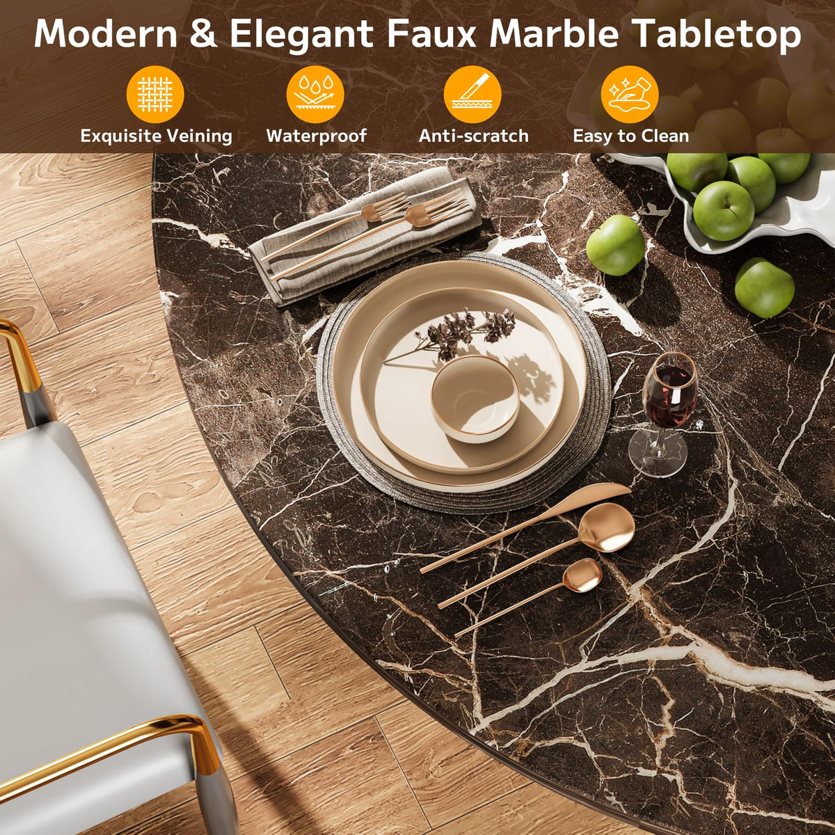 Round Faux Marble Dining Table with Storage