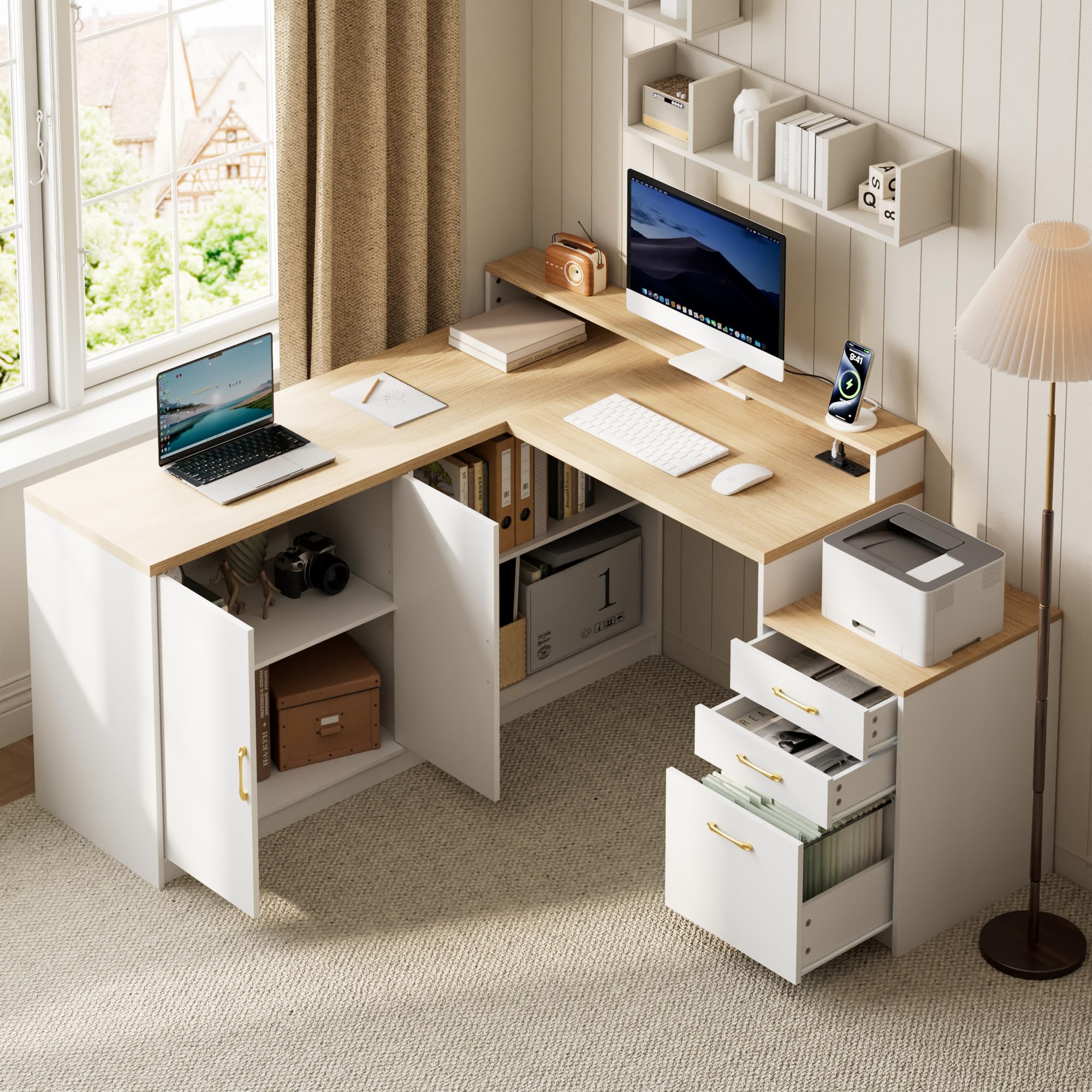 L-Shaped Desk with Storage Cabinet & Monitor Stand