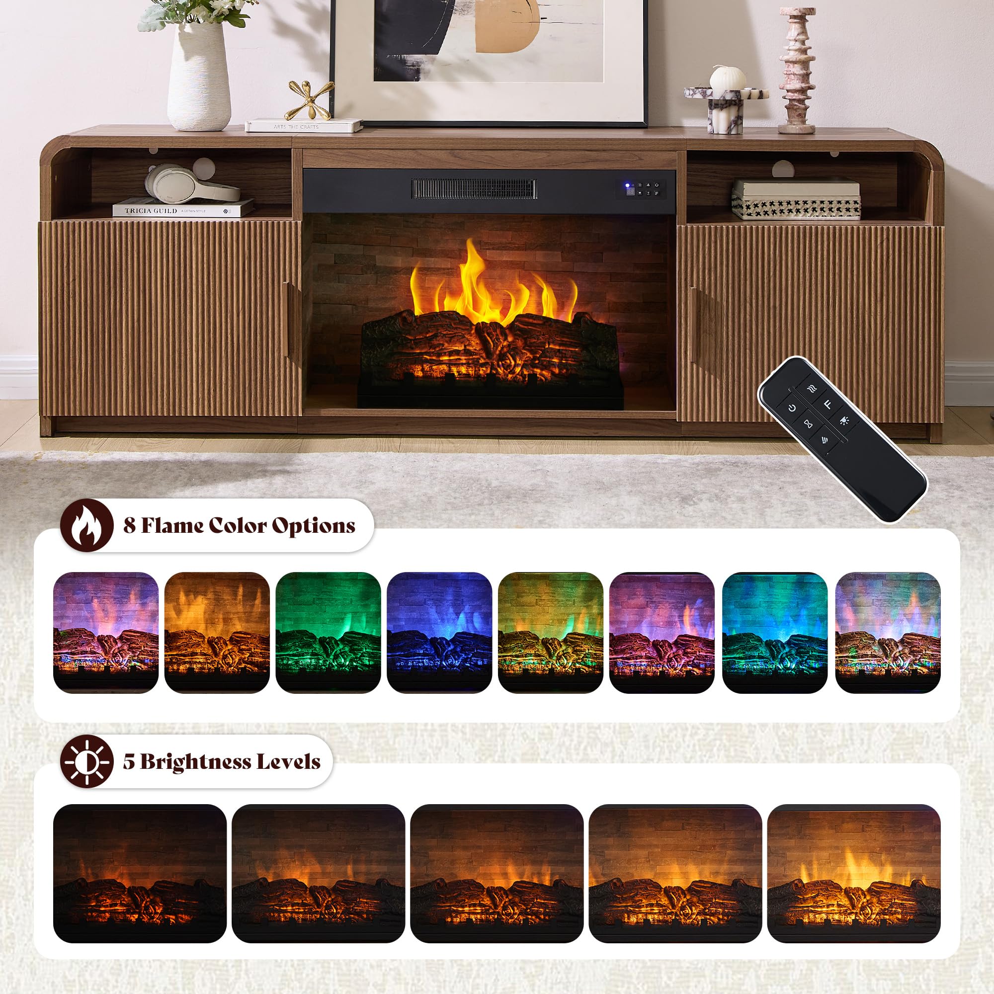 70" Fluted TV Stand with 30" Electric Fireplace