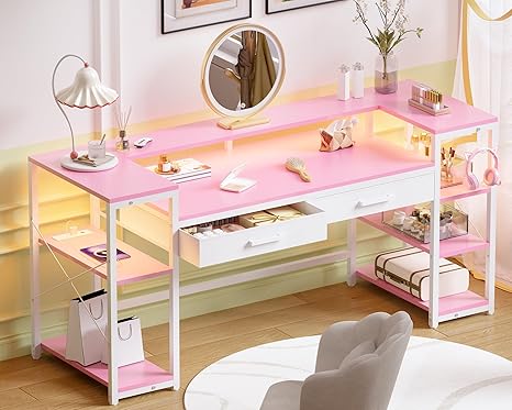 58-Inch Computer Desk with Monitor Stand, LED Lights & Power Outlets