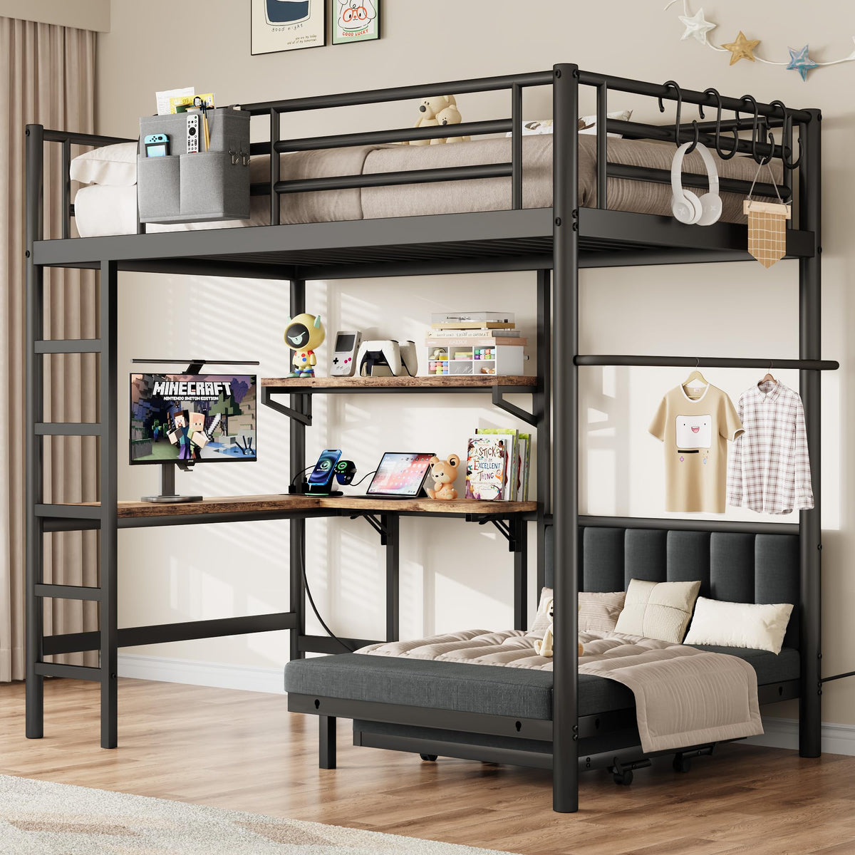 Jocoevol Twin Loft Bed with Desk and Mattress, Metal Bunk Bed Frame, Black