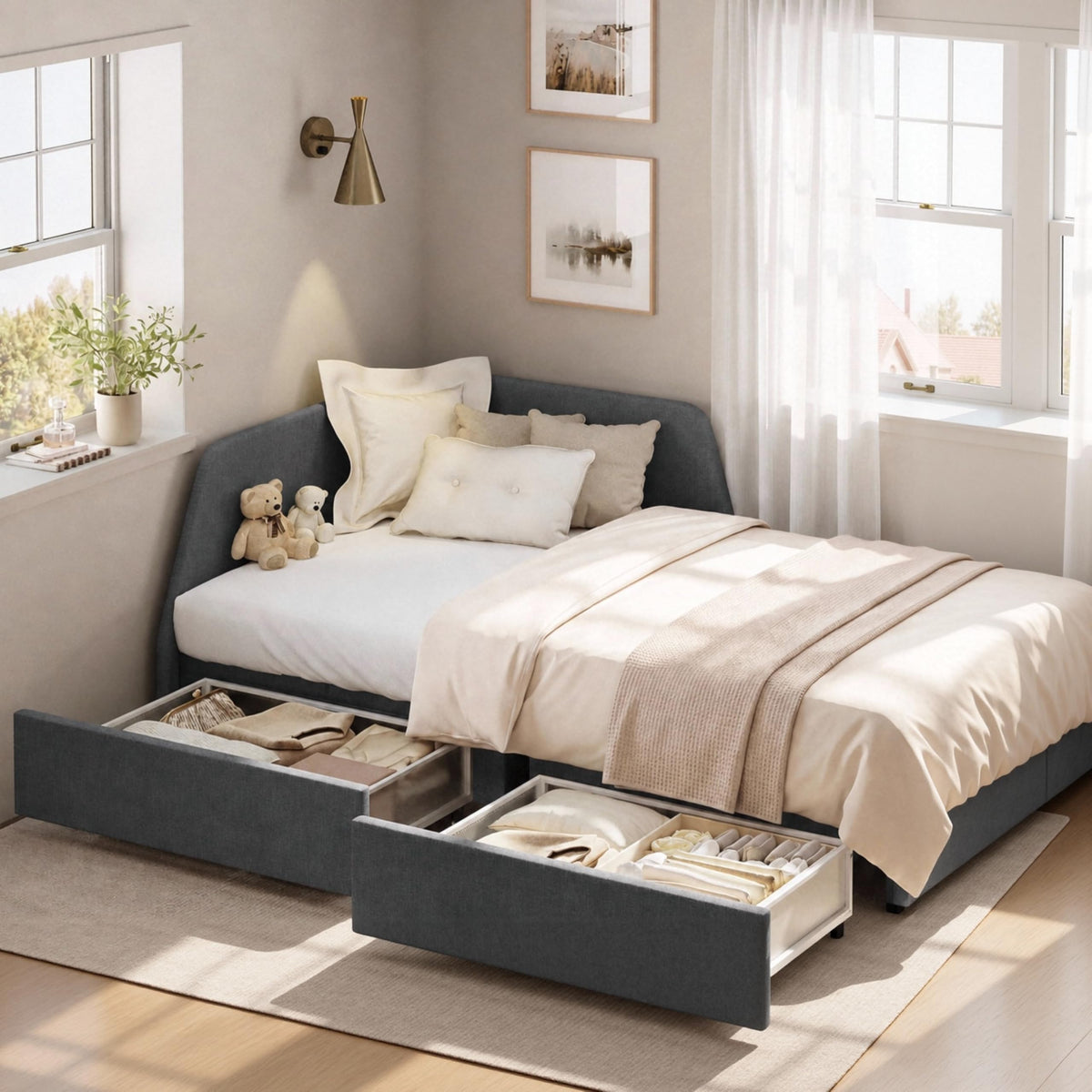 LIKIMIO Premium Twin Corner Daybed with 2 Drawers and Headboard, Grey