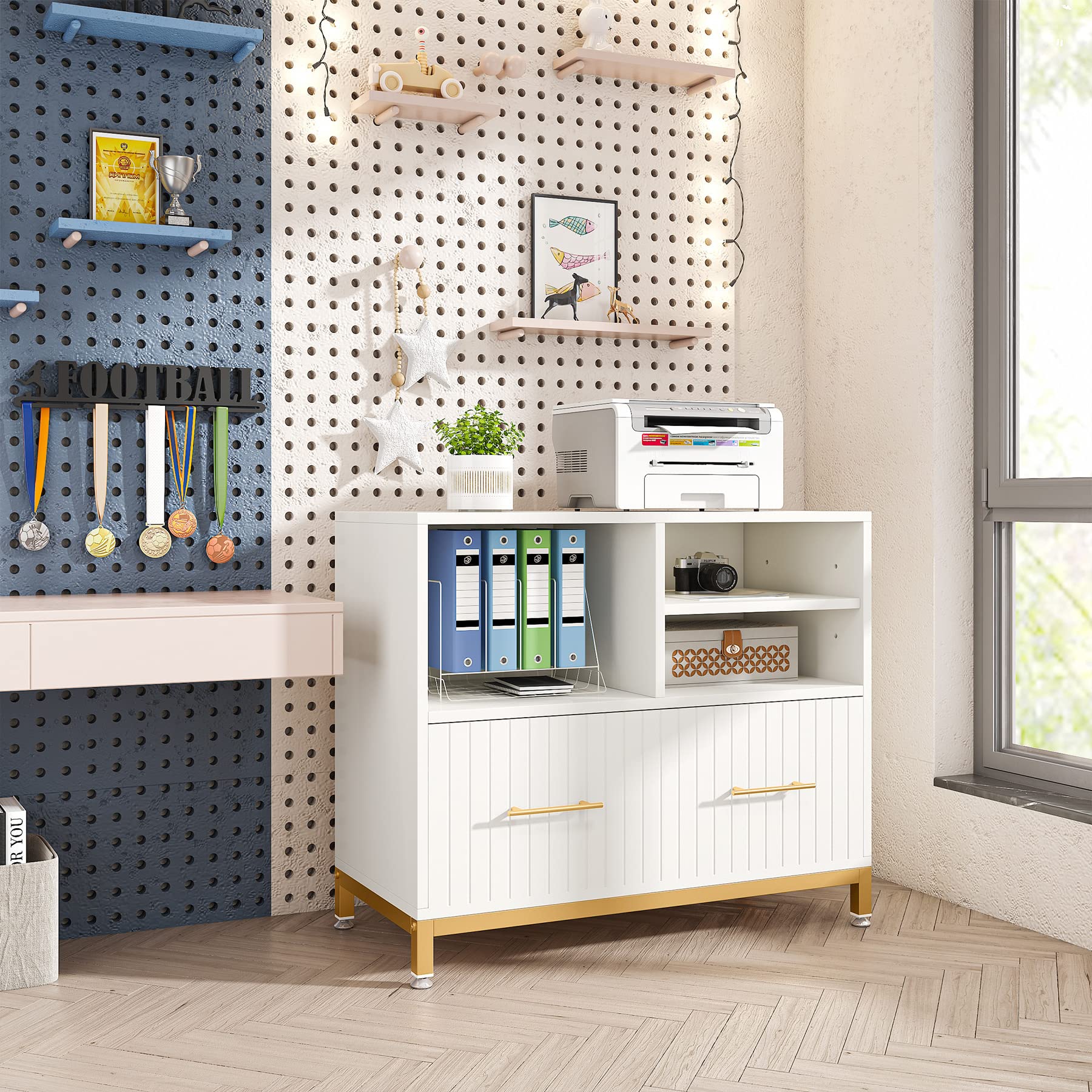 White Lateral File Cabinet with Drawer & Printer Stand