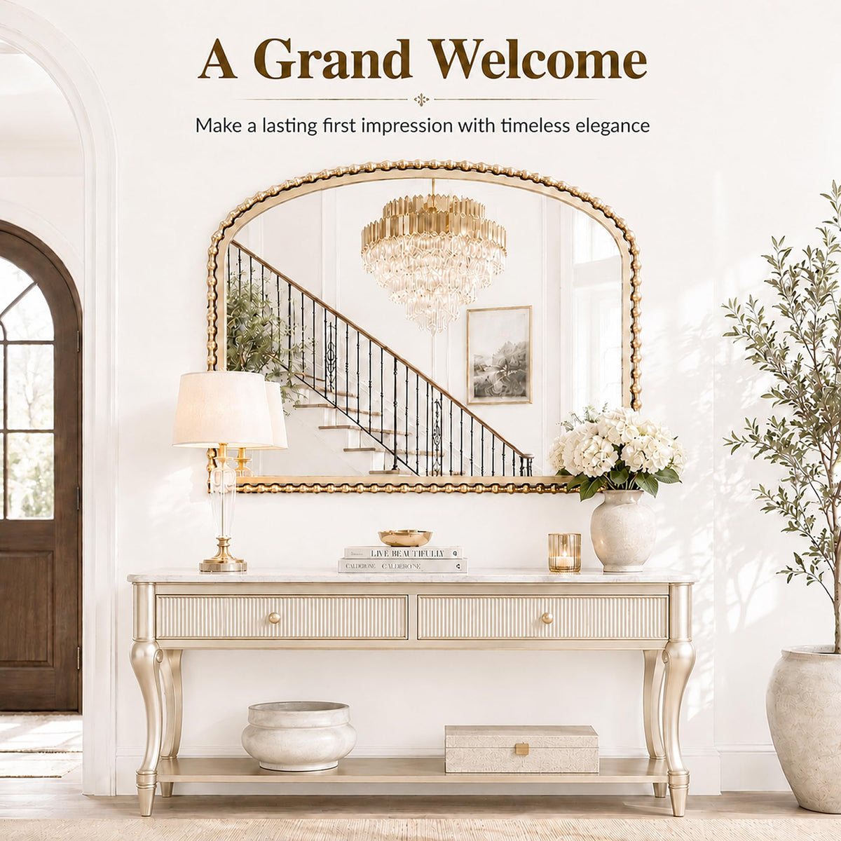 CAVINHOME 40"x30" Wide Arch Wall Mirror, Antique Gold Bold Beaded Frame