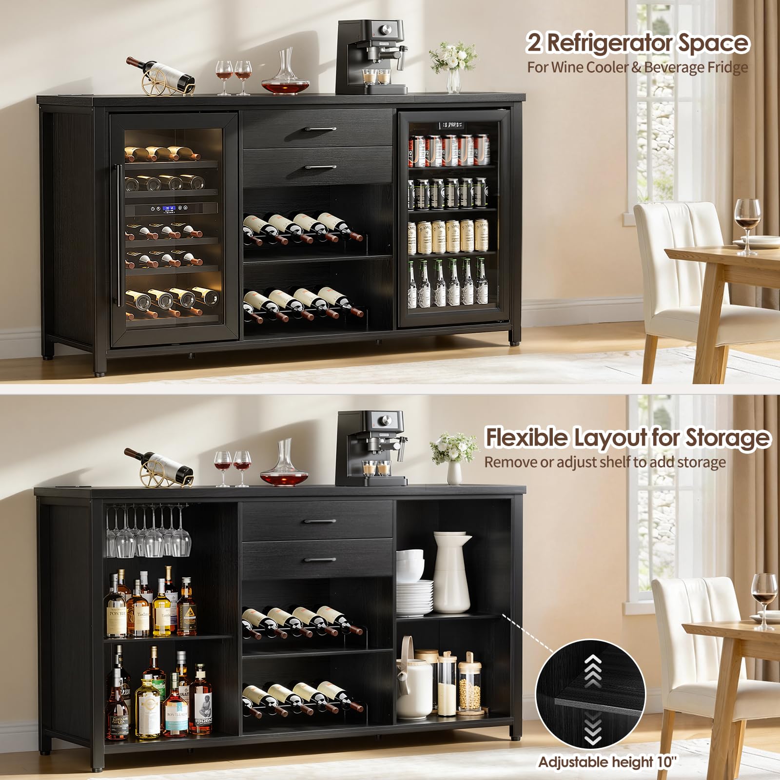 Leteuke Large Coffee Bar Cabinet with 2 Fridge Space, 70.8" L Kitchen Wine Cabinet, Wood Buffet Sideboard Table Station, Farmhouse Liquor Cabinet with Drawers Wine Rack for Home, Living Room-Black