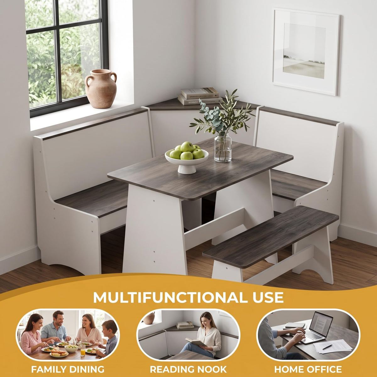 Farmhouse Breakfast Nook Table Set with L-Shaped Bench (White + Gray)