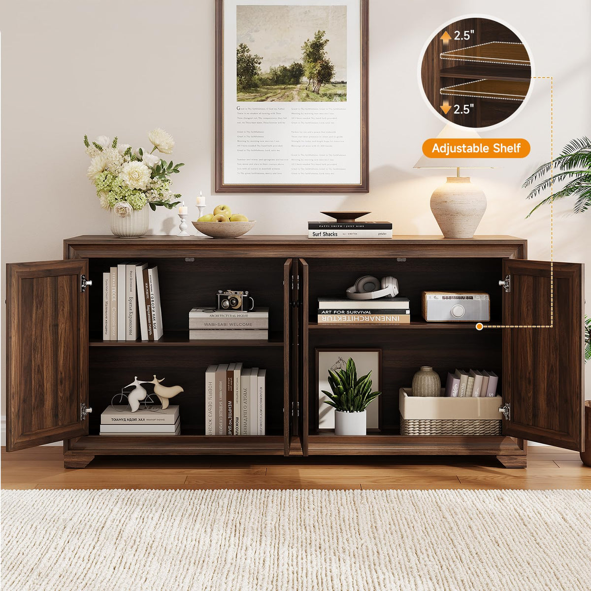 ONBRILL 60" Buffet Cabinet with Storage, 4 Doors & Adjustable Shelves Brown