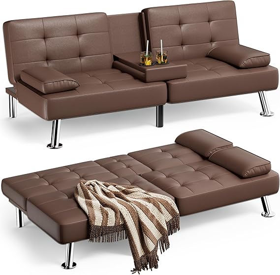 Faux Leather Futon Sofa Bed with Adjustable Backrest & Cup Holders