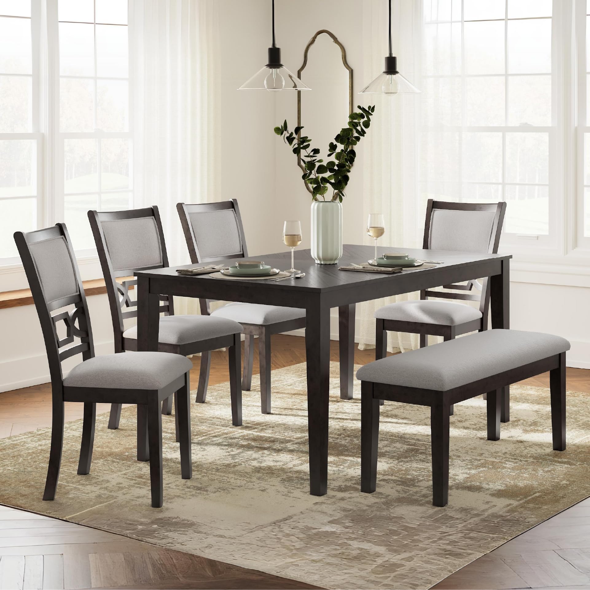6-Piece Dining Table Set with Bench & Upholstered Chairs