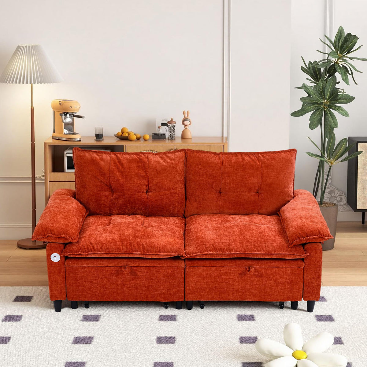 73 Inch Queen Sleeper Sofa Bed, 3 in 1 Convertible Pull Out Loveseat, Chenille Upholstered Sofa with USB Charging Ports & Side Storage Pockets, Modern Small Couch for Apartment, Living Room (Orange)