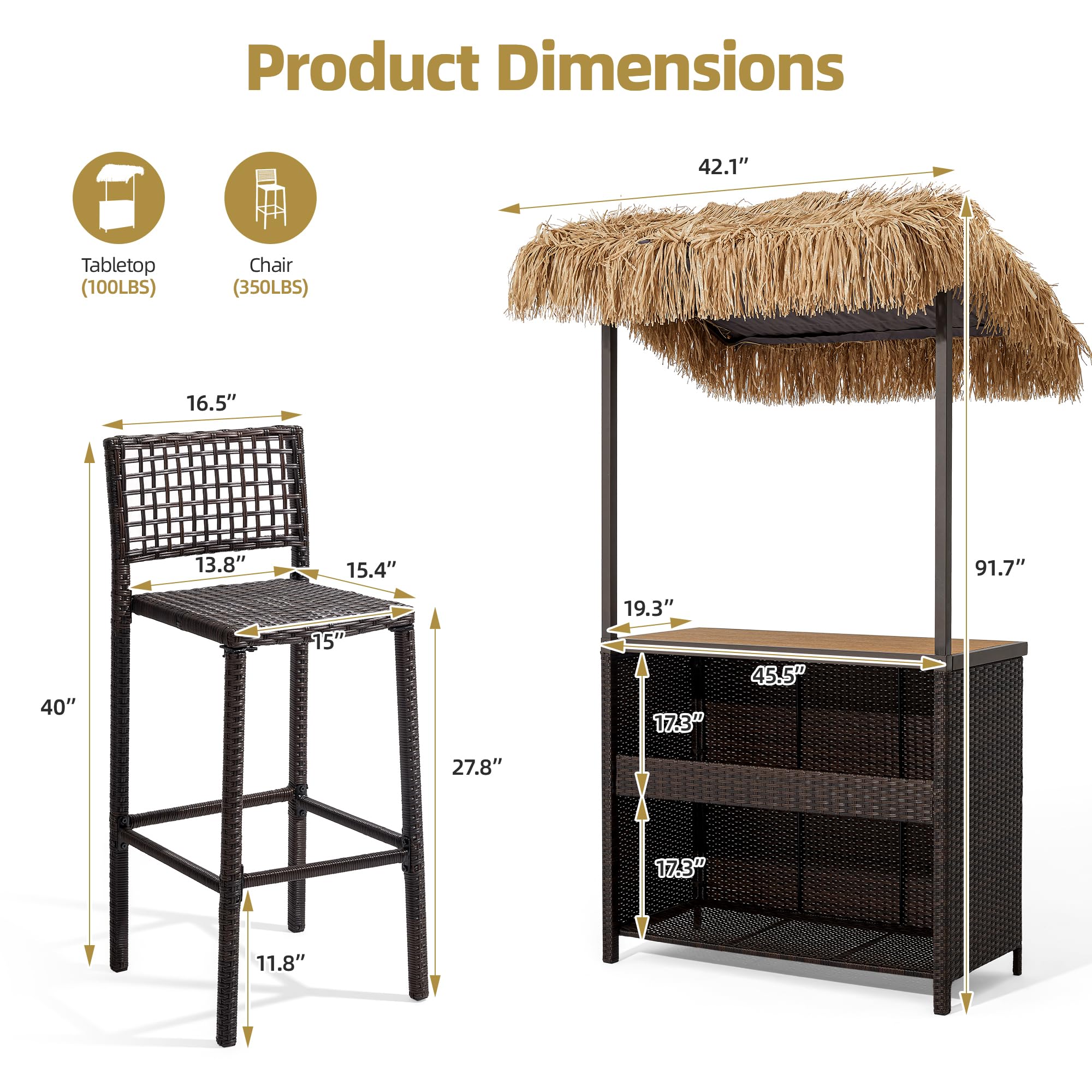 Mvpipi Outdoor Tiki Bar Set, 3 Pieces All-Weather Wicker Patio Bar Set with 2 Height Stools and Storage, Outdoor Bar Set for Outside Patio, Garden, Backyard,Brown
