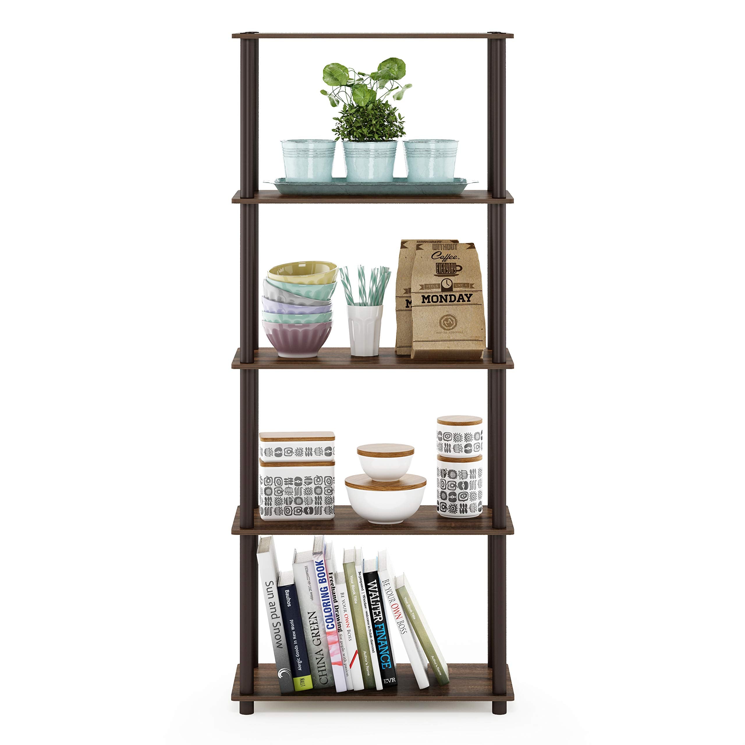 Furinno TURN-N-TUBE Storage Shelves, 5-Tier Book Shelf, Corner Shelf, Toolless Open Shelves, for Organization and Storage, Living Room, Garage, Home Office, Walnut