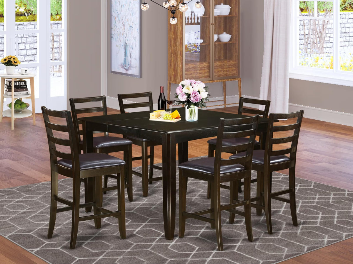 East West Furniture FAIR7-CAP-LC 7 Piece Counter Height Dining Table Set Consist of a Square Wooden Table with Pedestal and 6 Faux Leather Kitchen Dining Chairs, 54x54 Inch, Cappuccino