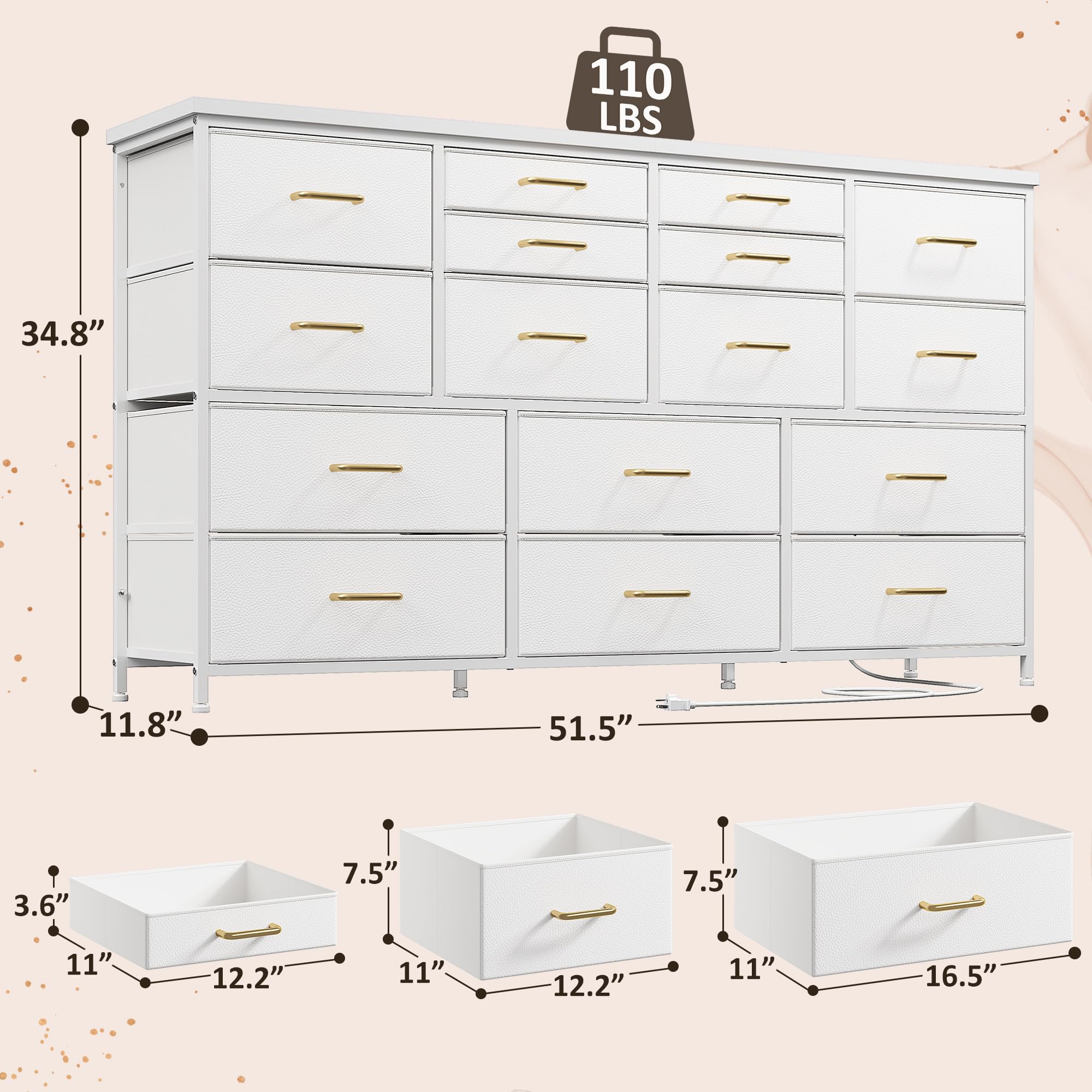 EnHomee Dressser for Bedroom Dresser with 16 Drawers TV Stand for Bedroom for 60" TV Long Dressers & Chests of Drawers Large Dresser with Charging Station, White