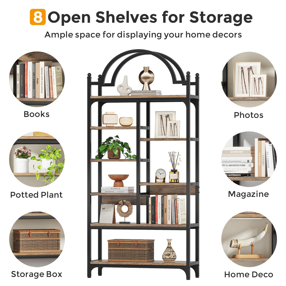 Arched 8-Shelf Bookcase