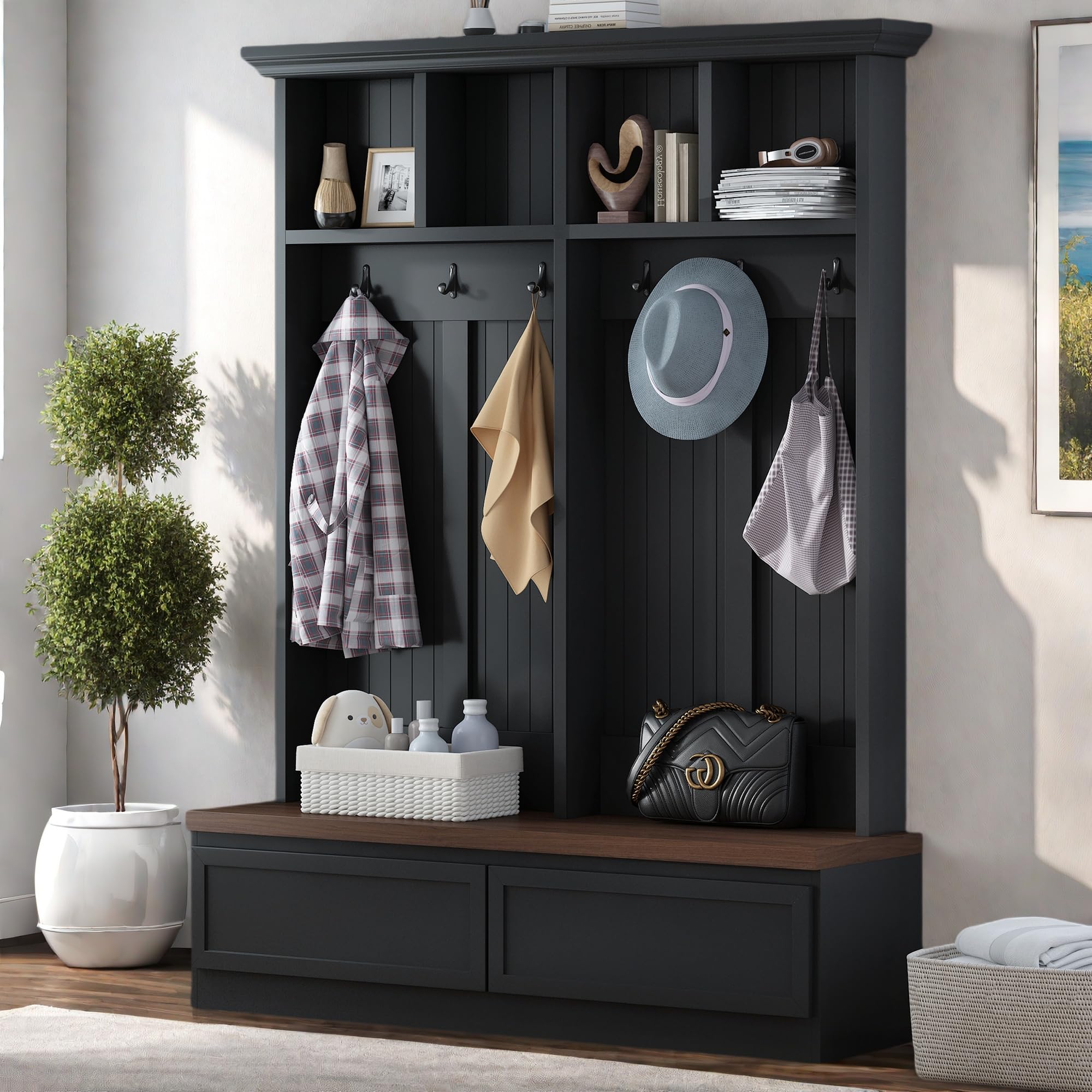 Farmhouse Hall Tree with Bench, Storage Drawers & 6 Hooks