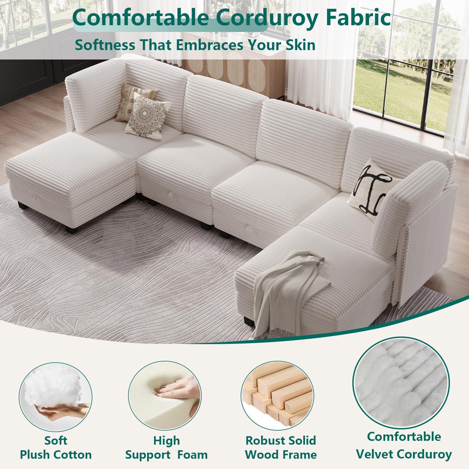 OhaiAura Modular Sectional Sofa with Adjustable Backrest, Convertible L/U-Shaped Sleeper Couch for Living Room, Cloud Sofa Bed Modern Reversible Design, Beige
