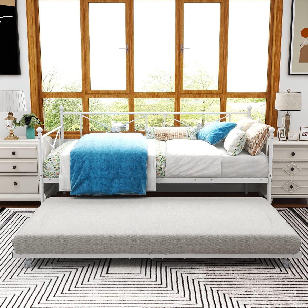 ARFARLY Sofa Bed Daybed with Trundle Premium Steel Slat Support,Multifunctional Mattress Foundation,Sofa Bed Frame with Headboard,Twin,White