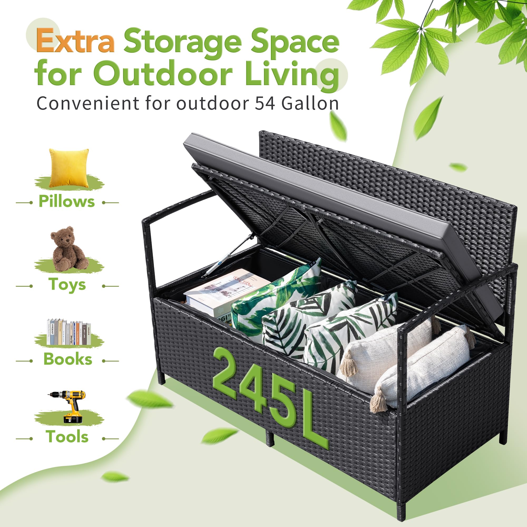 Outdoor PE Rattan Storage Bench with Cushion