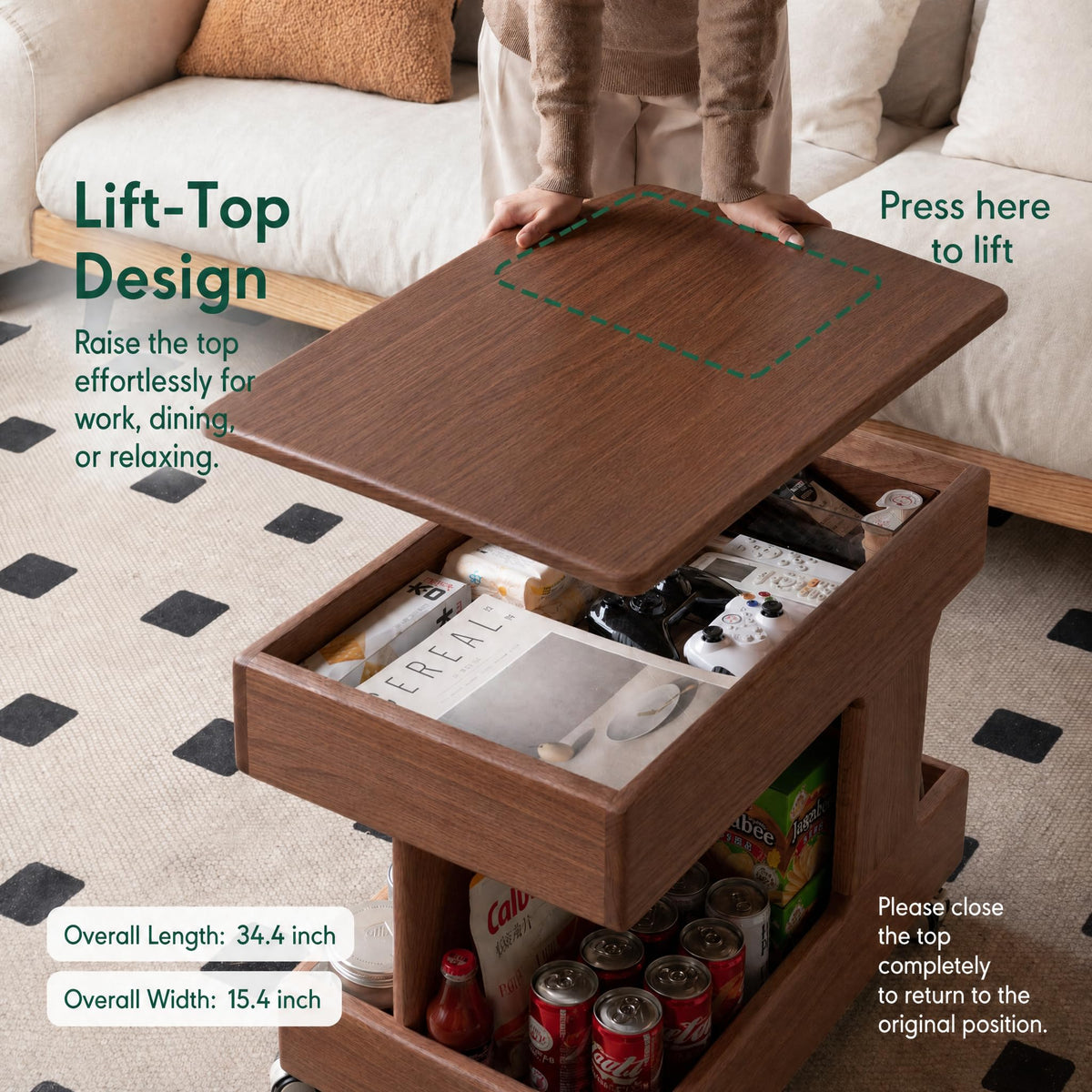 Small Lift Top Coffee Table with Wheels, Solid Wood Table with Storage