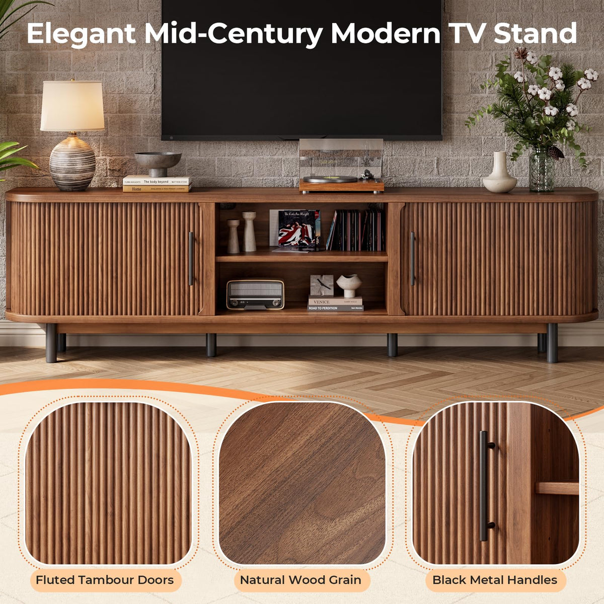 Hizyrina 70" TV Stand for TVs Up to 75", Mid Century Modern Fluted Entertainment Center with 2 Storage Cabinets, Sliding Doors, Cable Management, Wood Television Media Console for Living Room, Walnut