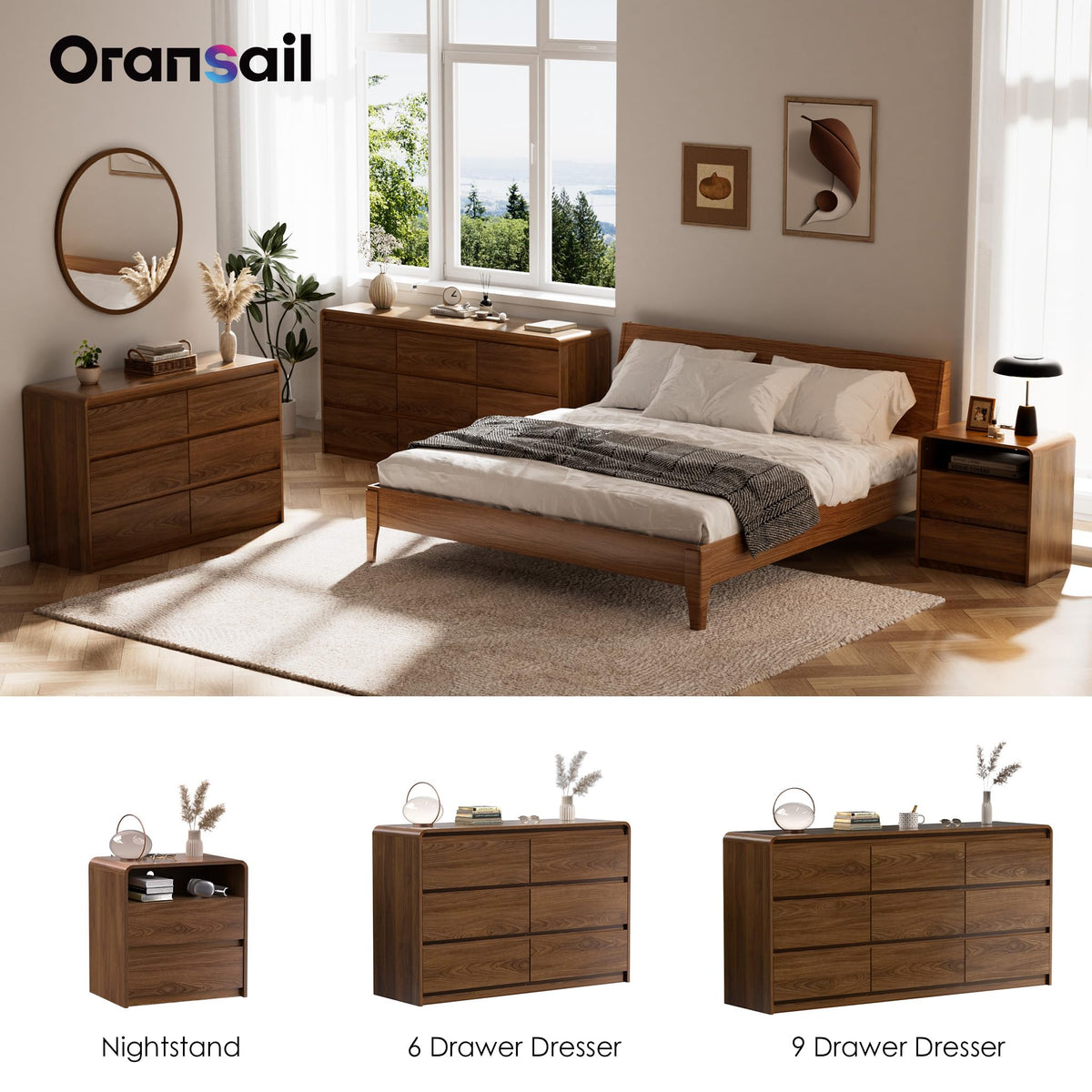 Oransail 9 Drawer Dresser, 63" Wide Walnut Dresser with Soft-Close Drawers