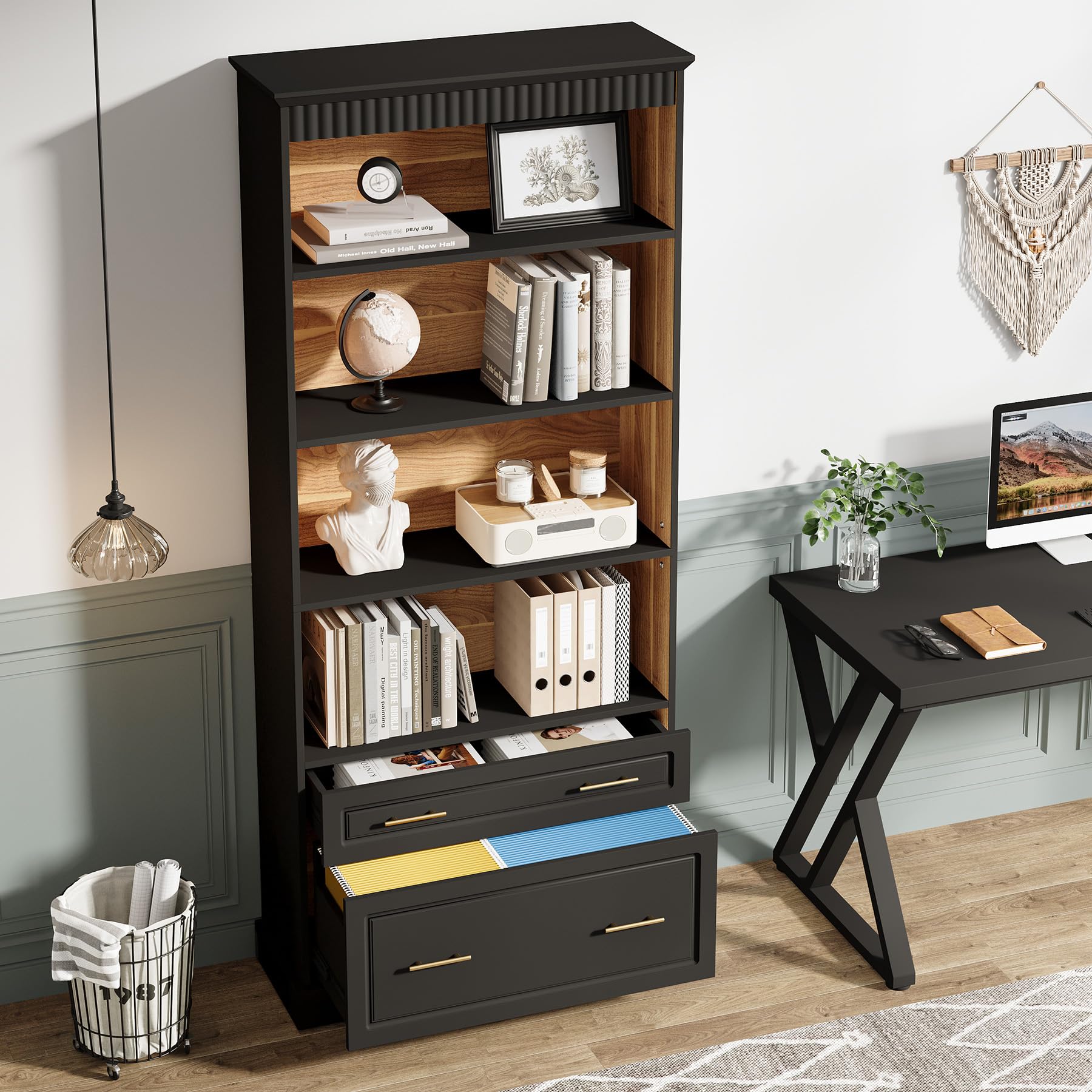 2-Drawer File Cabinet with 5-Tier Bookshelf & Printer Stand