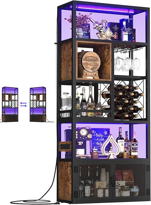 Tall Bar Cabinet with Power Outlets & LED Lights