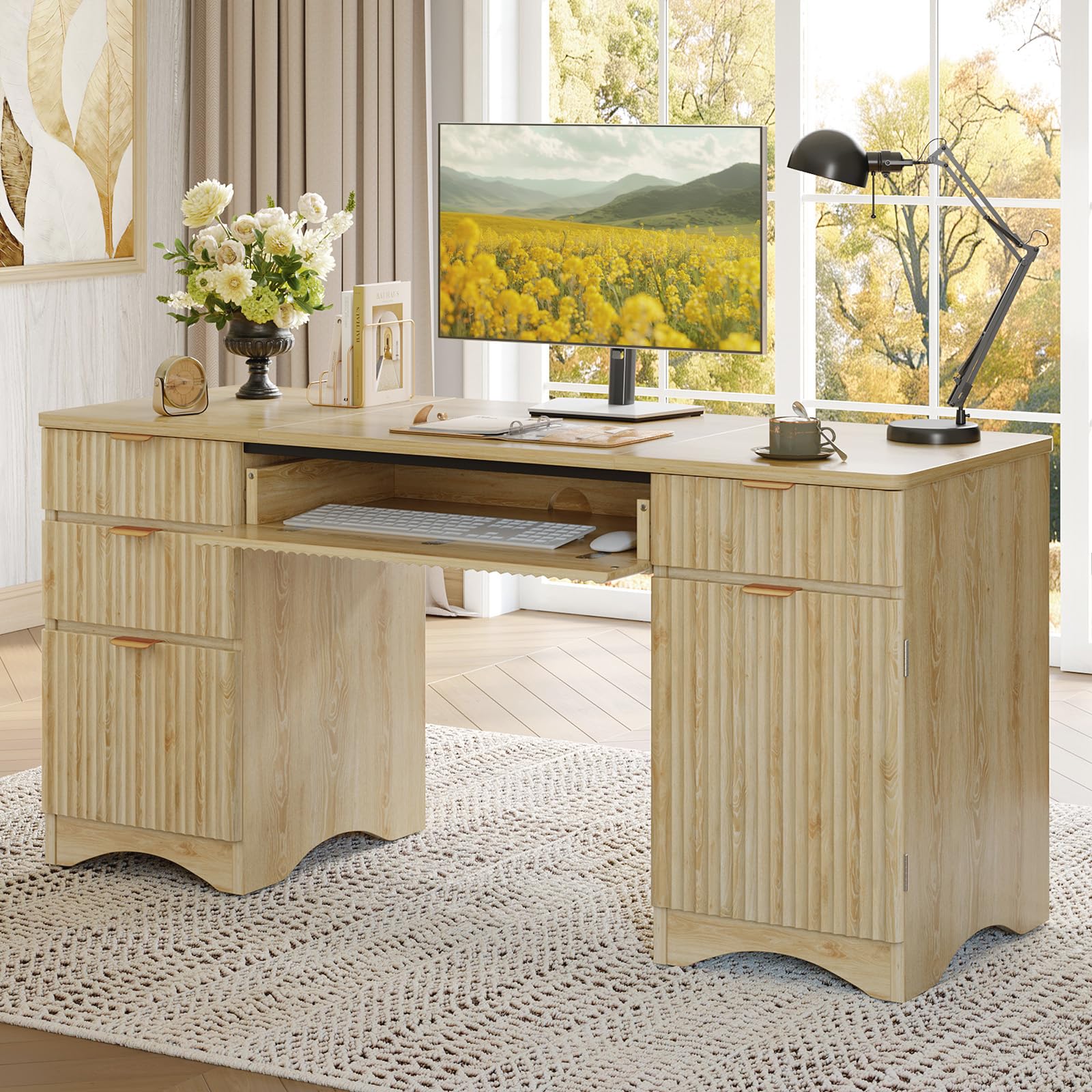 63" Fluted Executive Desk with Drawers & Storage Cabinet