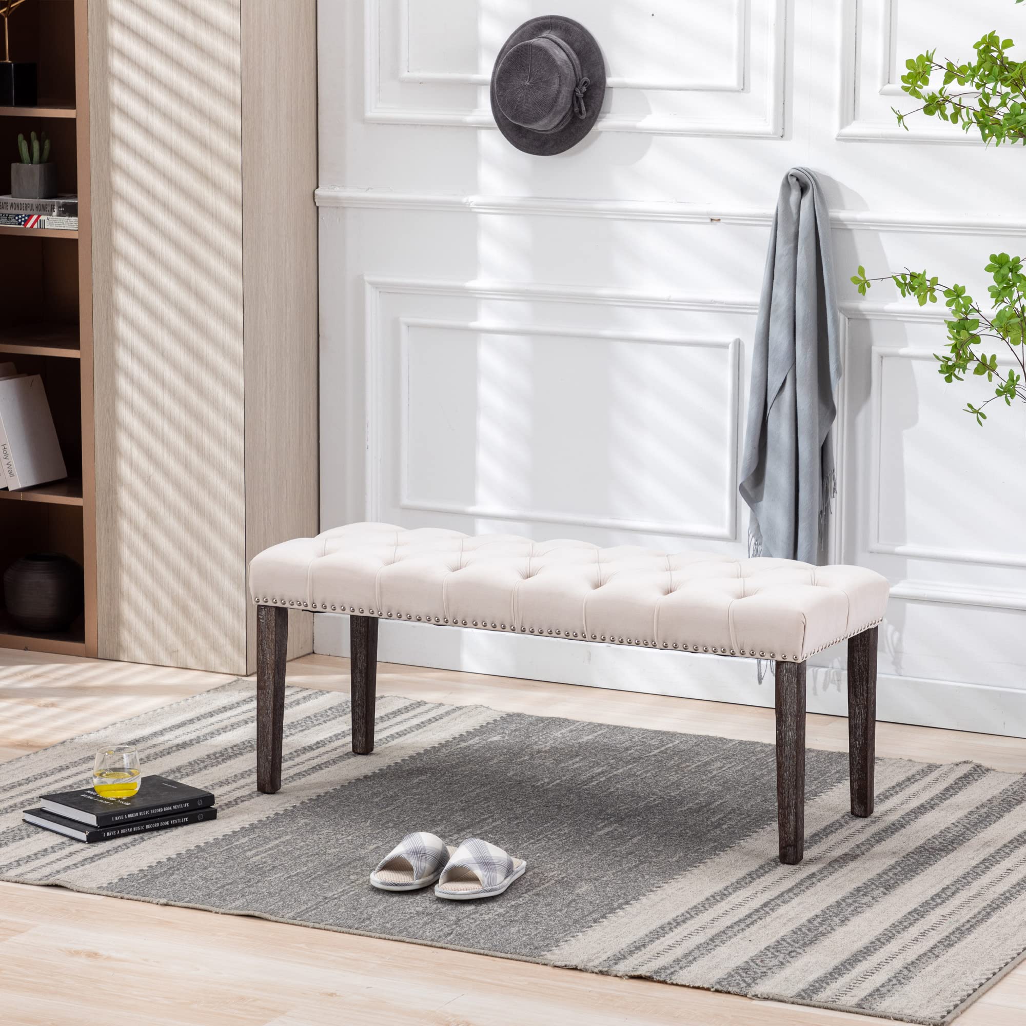 KCC Button-Tufted Ottoman Bench, Upholstered Bedroom Benches Velvet Footrest Stool Accent Bench for Entryway Dining Room Living Room Bedroom End of Bed, Beige