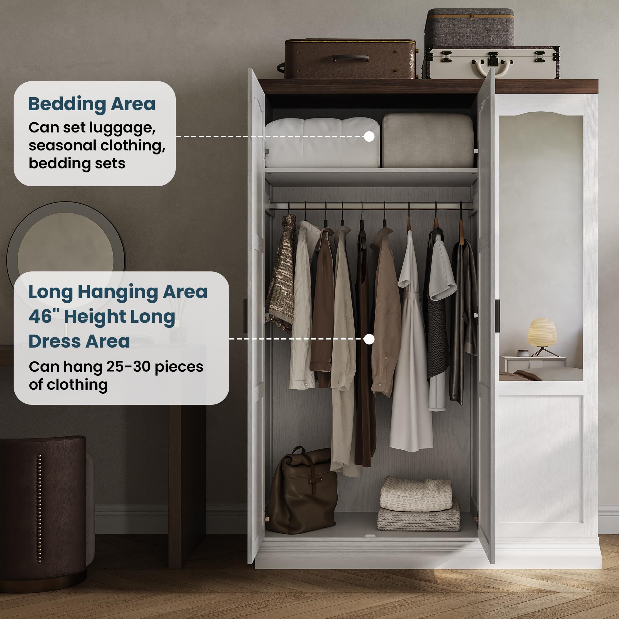 ANCTOR 3 Door Armoire Wardrobe Closet with Mirror, Large Wardrobe Closet with Doors, White Armoire for Bedroom with Hanging Rods & Shelves for Long Clothing, Short Clothing and Stacking, Modern