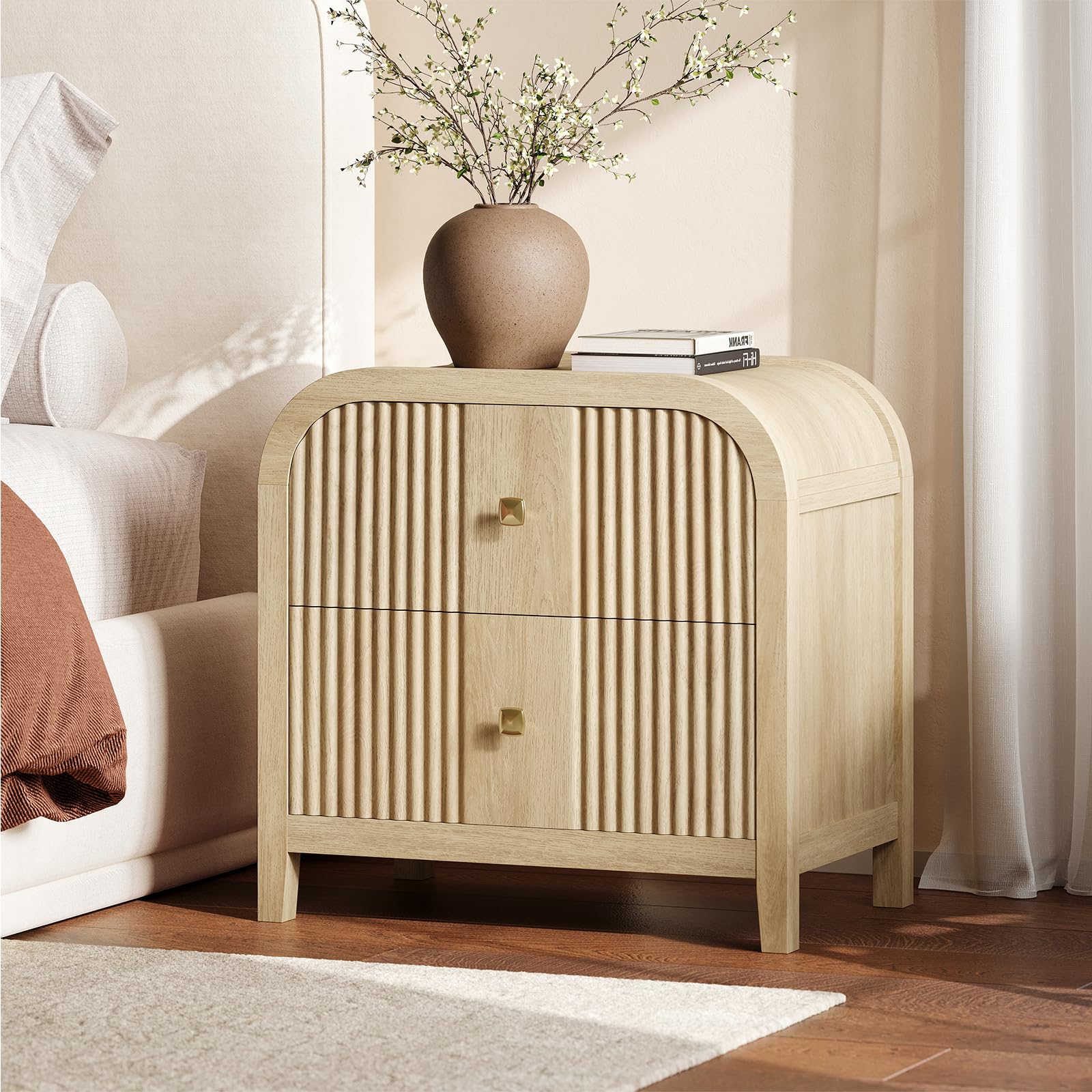 2-Drawer Wave-Fluted Nightstand with Curved Top