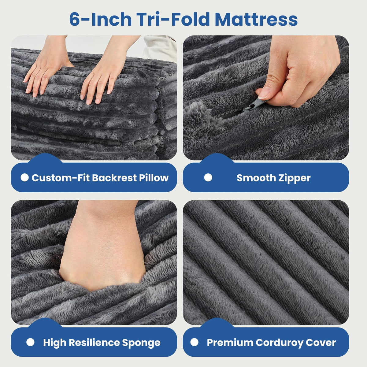 Erament Tri-Fold Futon Sofa Bed, 6 Inch Foldable Floor Couch, High-Density Foam Convertible Sleeper Sofa with Removable Washable Corduroy Cover, Portable Floor Mattress for Living Room