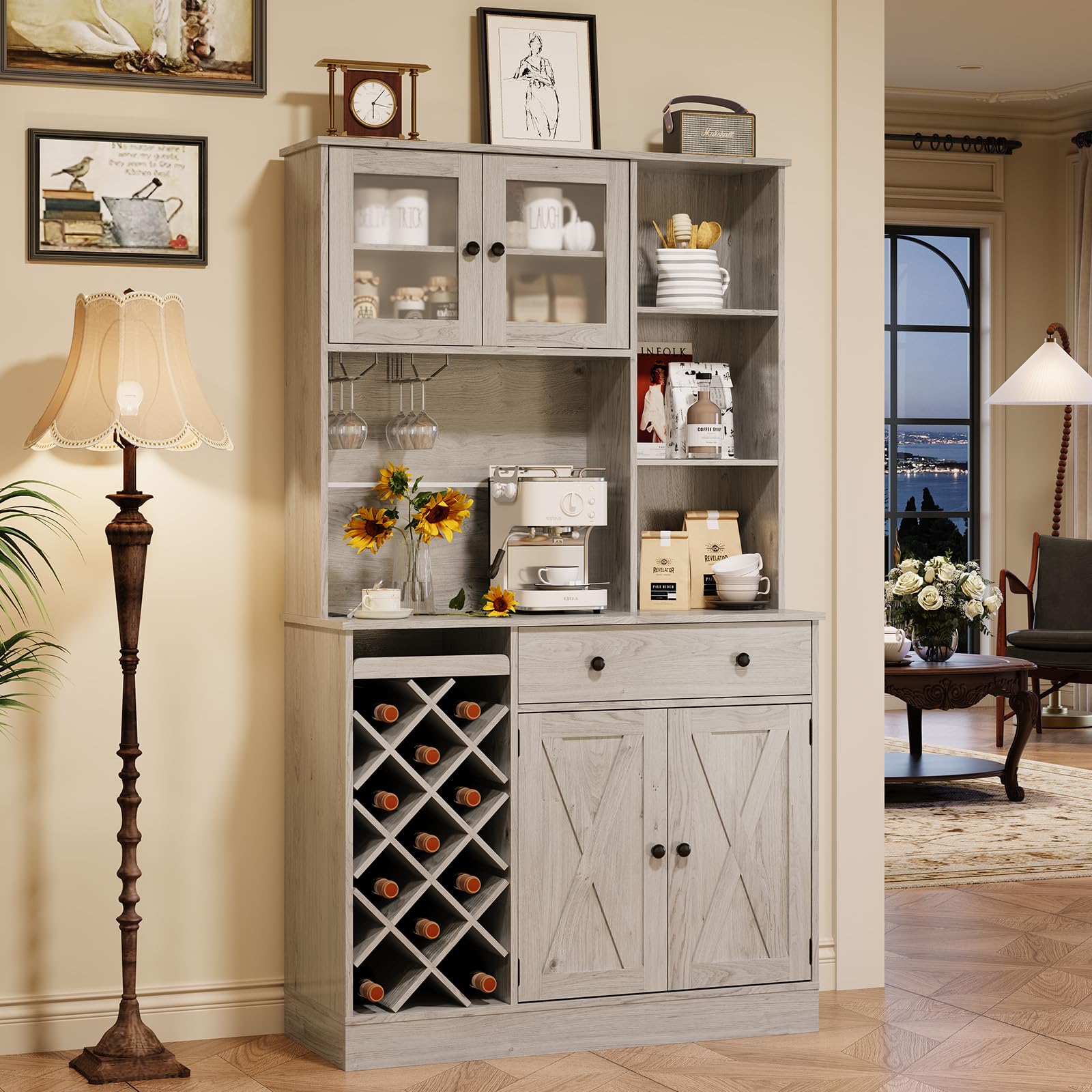 GarveeLife Tall Wine & Coffee Bar Cabinet – Modern Sideboard Buffet, Barn Doors, Storage Hutch, Power Outlets, Glass Holder, Wine Rack – for Dining Room, Kitchen, or Living Room – Grey