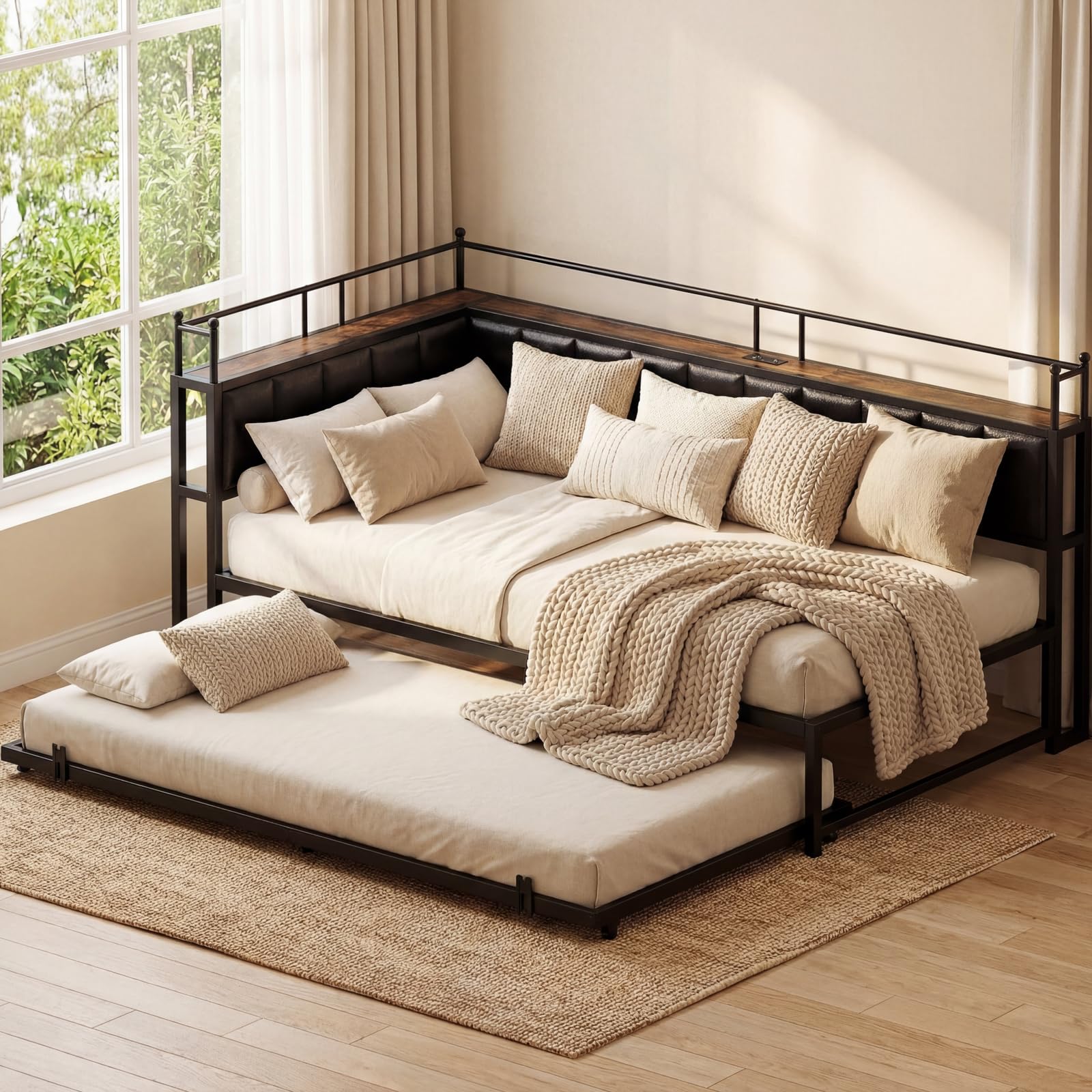 LIKIMIO Daybed with Trundle, Twin Corner Bed Frame with Bedside Storage,Sofa Day Bed for Living Room, Bedroom and Guest Room,Black