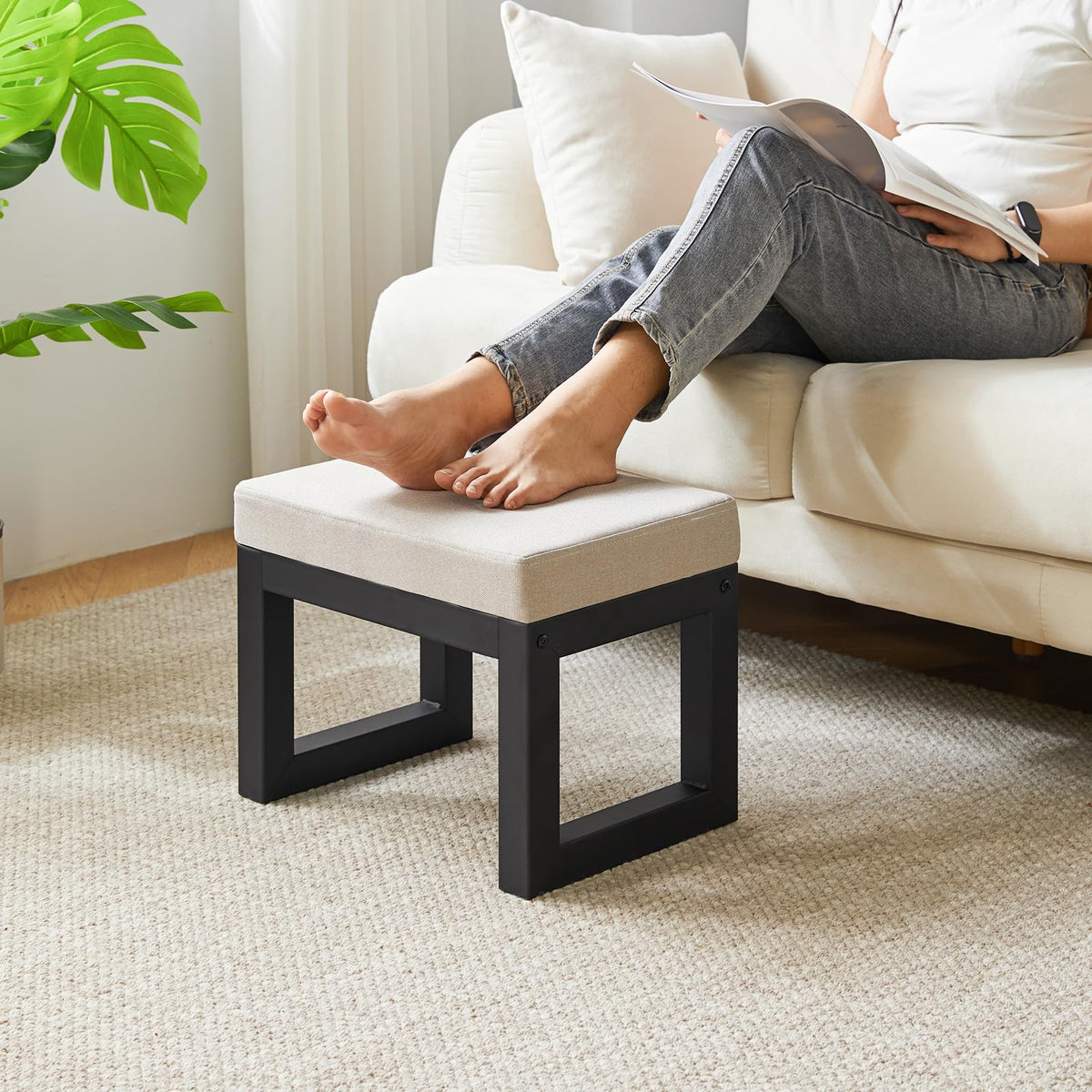 Grey Linen Footstool Ottoman