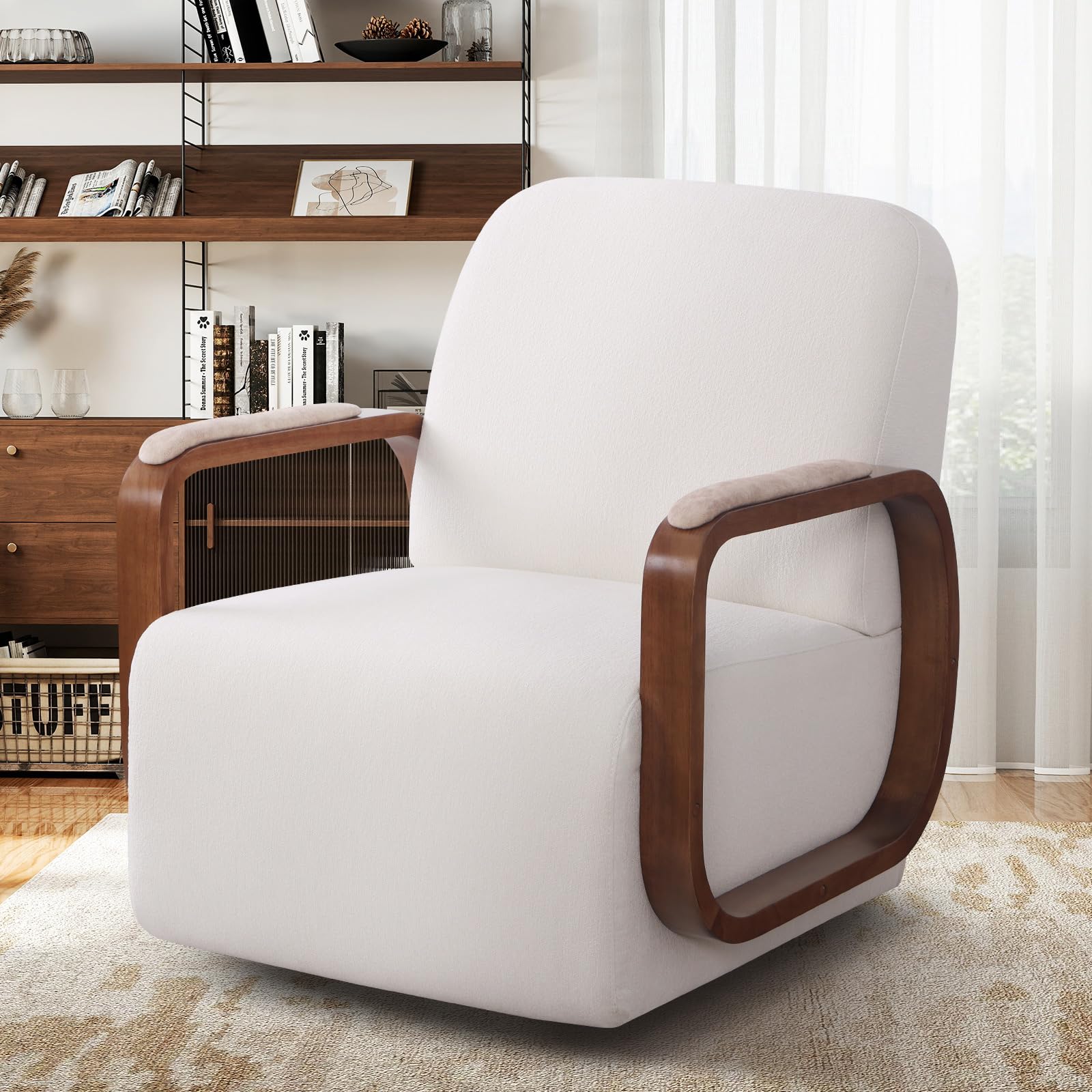 Swivel Accent Chair with Solid Wood Base