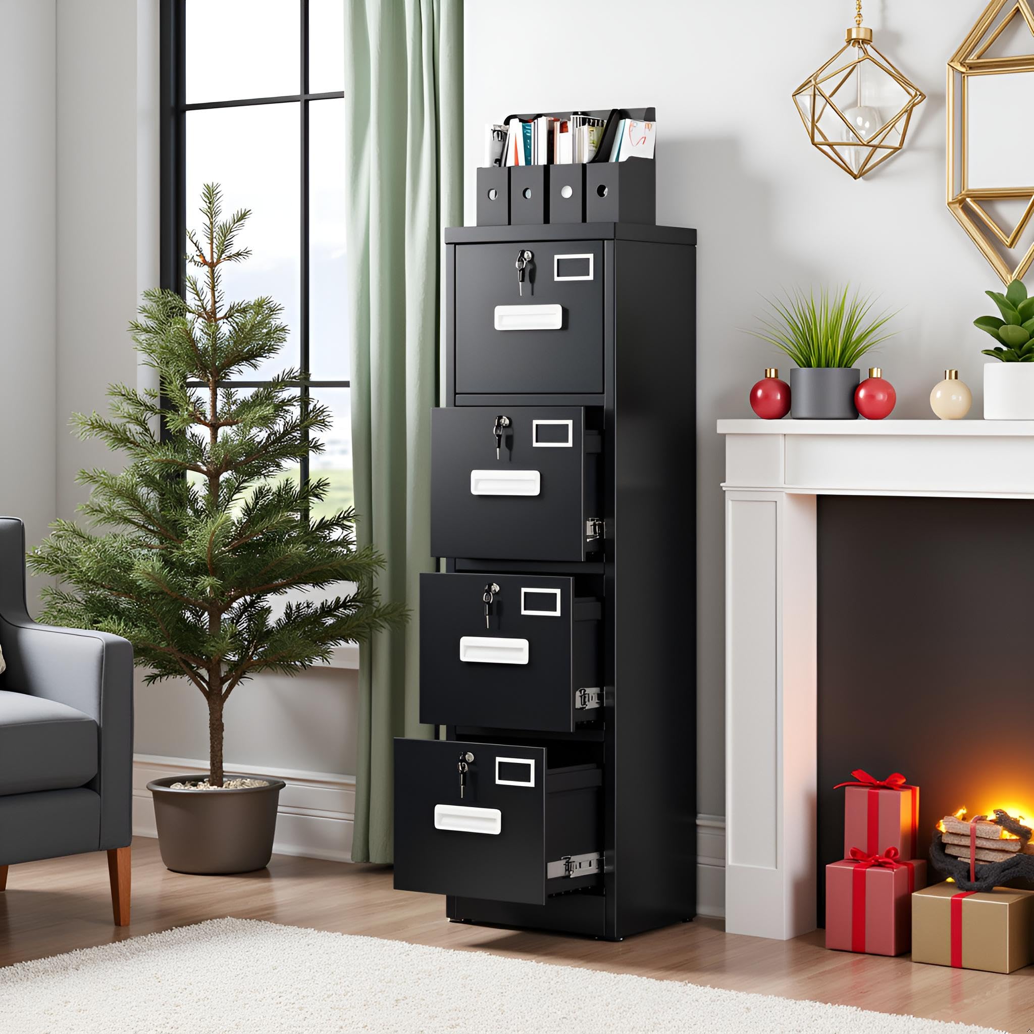 4-Drawer Metal File Cabinet with Lock & Name Card Slots