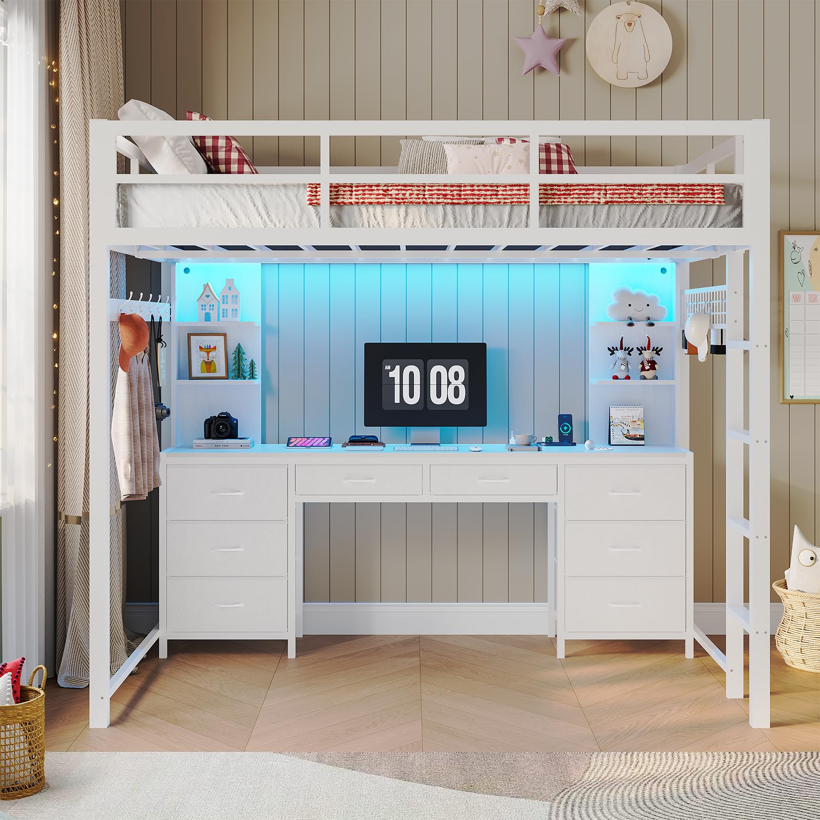 ADORNEVE Full Size Loft Bed with Desk and 8 Storage Drawers, Metal Loft Beds Full with LED Lights & Charging Sation, Heavy Duty Loft Bed Frame with 6 Storage Shelves, Space-Saving, Noise Free,White