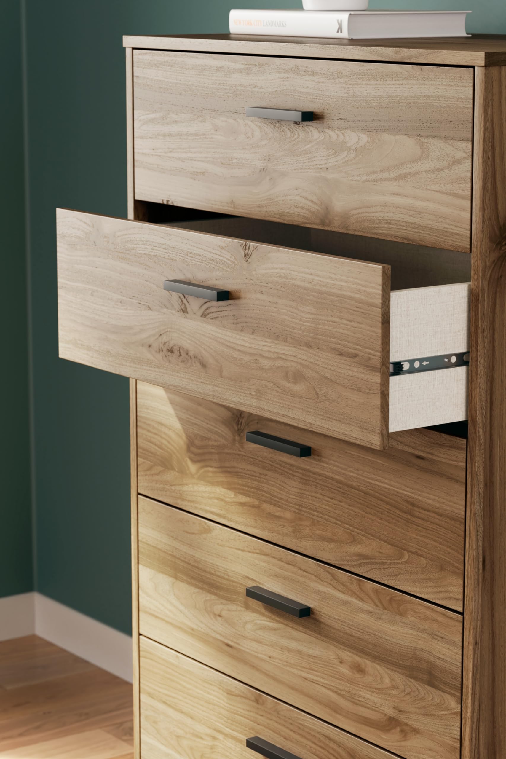 Signature Design by Ashley Deanlow Mid-Century Modern Chest of Drawers with Dark Pewter-Tone Legs and Handles, 5 Storage Drawers, Wood, 50.67" High, Brown