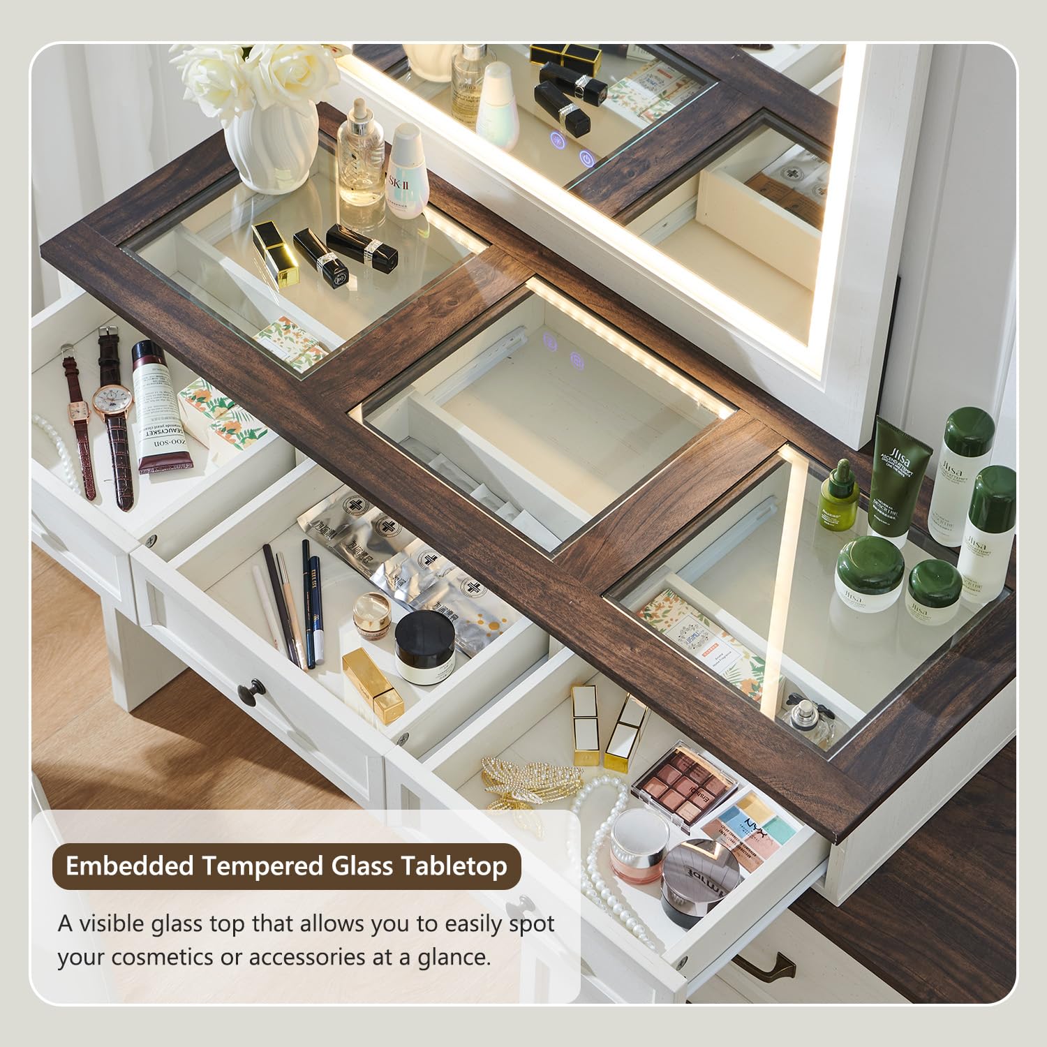 Aitjunz 69" W Big Vanity Desk with Glass Top, Farmhouse Makeup Table with 9 Large Storage Drawers, Rustic Wood Bedroom Dressing Table w/3 Color Available Light & 30" HD Led Mirror, Antique White