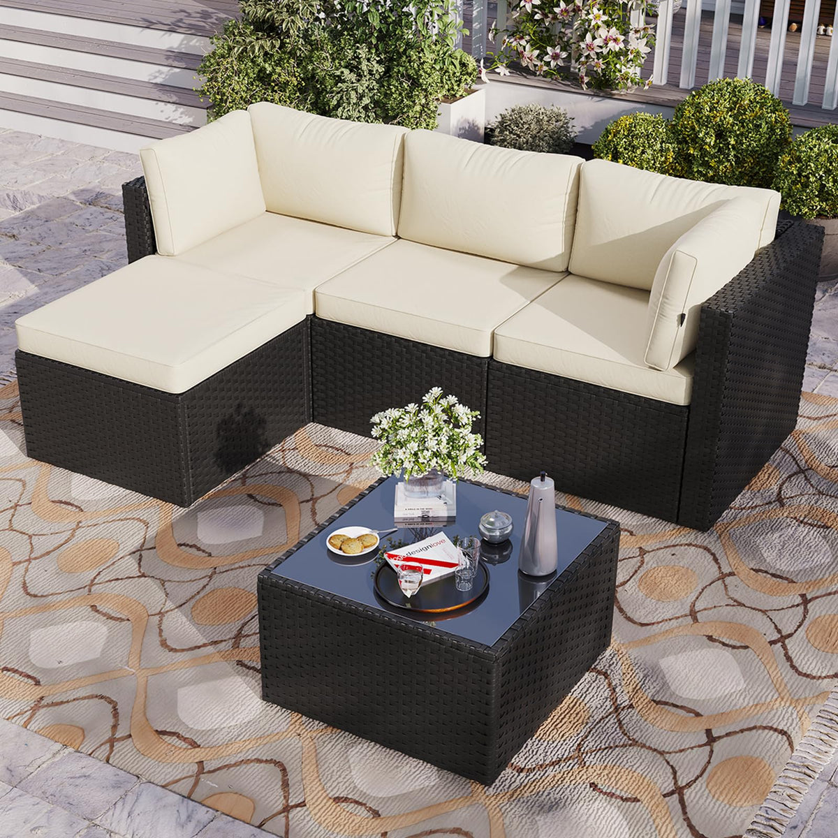 Aoxun Patio Furniture Set 5-Piece, Outdoor Sectional Sofas with Washable Cushion, Wicker Rattan Patio Conversation Sets for Backyard Porch and Poolside, Beige