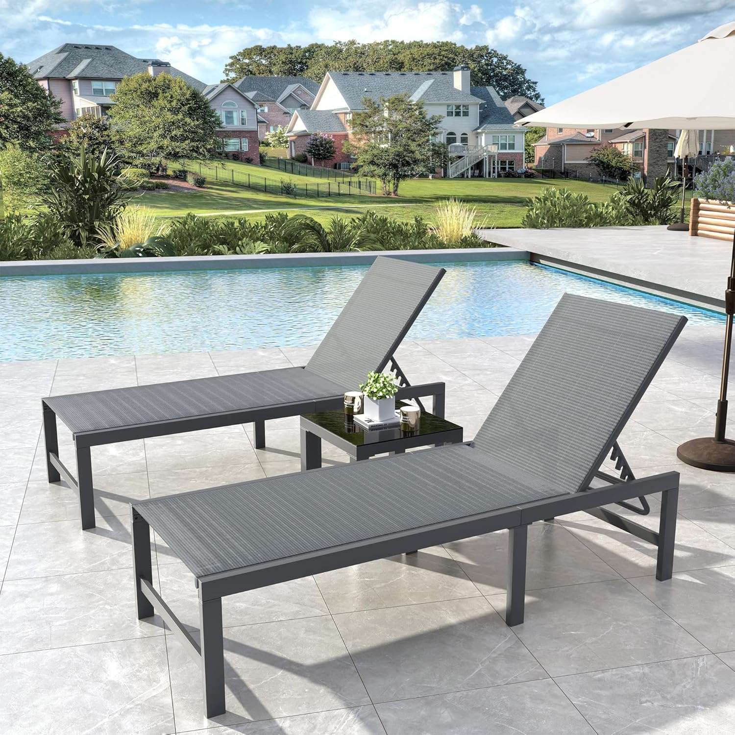 Outdoor Textilene Chaise Lounge Set with Side Table