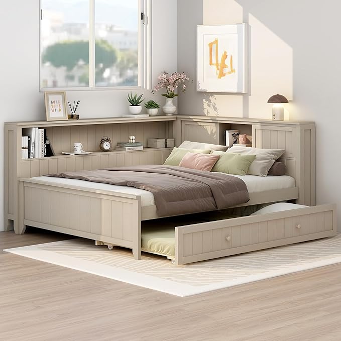 Wood Daybed with Trundle and Storage Shelves – Antique White