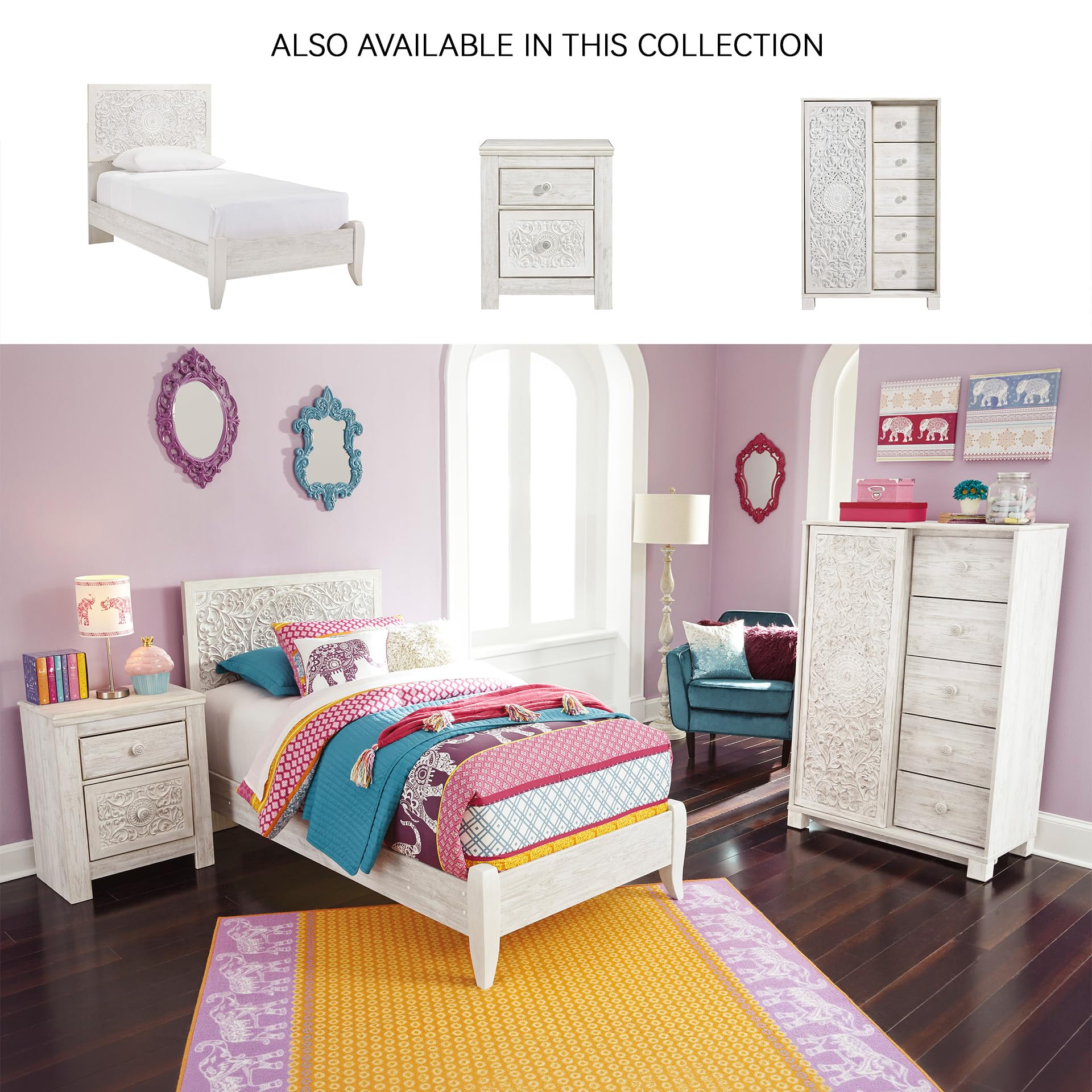 Signature Design by Ashley Paxberry Boho 5 Drawer Dressing Chest with Slider Door & 3 Adjustable Shelves, Whitewash