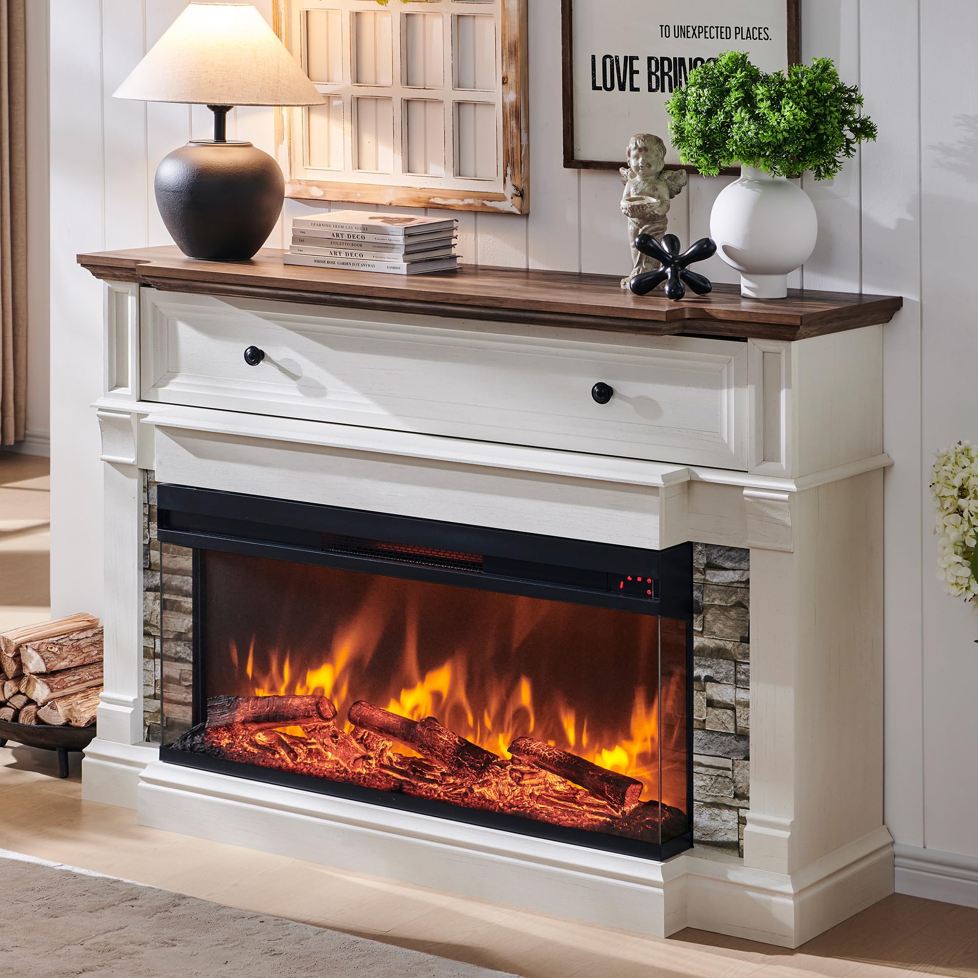 52" Electric Fireplace TV Stand with 3-Side Glass Insert
