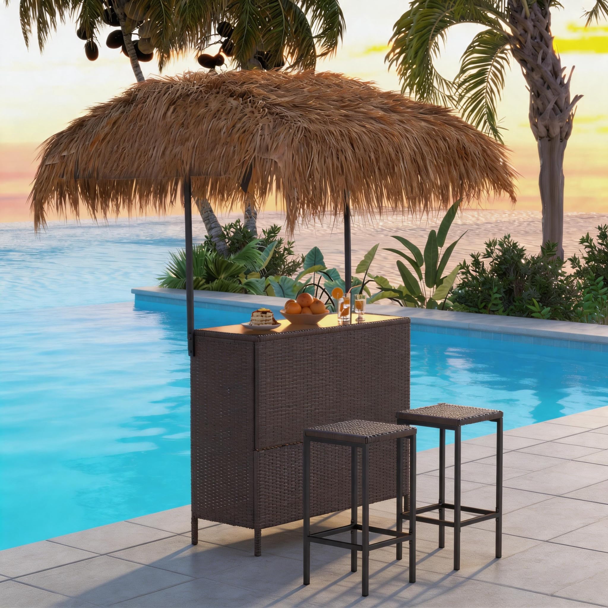 LYNSLIM Outdoor Tiki Bar Set, Phuket Outdoor Patio Wicker Islander, 43" W Tempered Glass Top, Outside Patio Bar with Adjustable Double-Layer Soft-Top Sunshade & Grill Gazebo Shelter