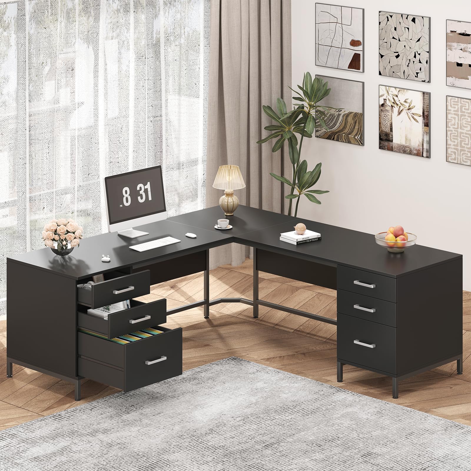 L-Shaped Corner Desk with 6 Drawers