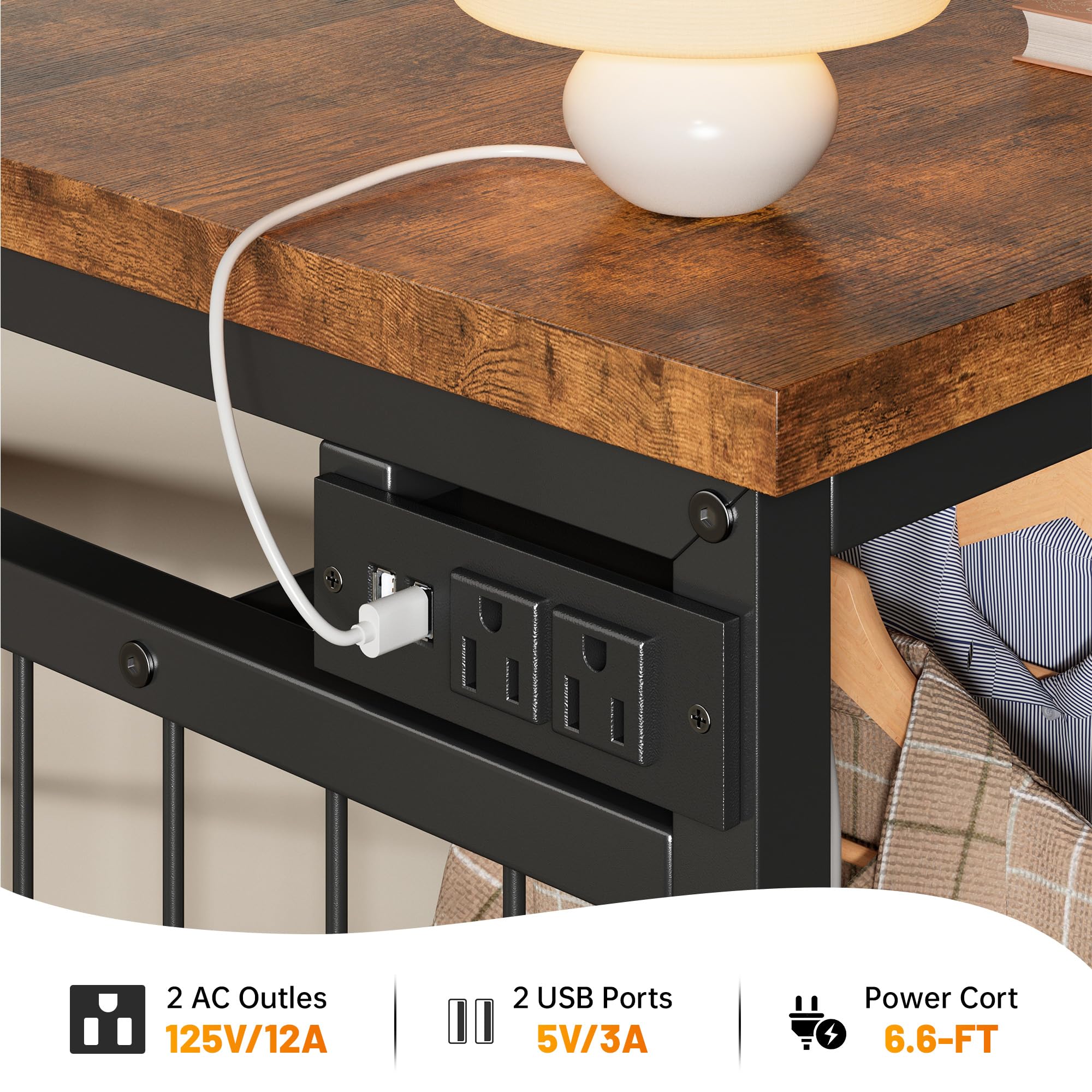 Dresser with Hanging Rack, 6 Drawers, LED Lights & Charging Station